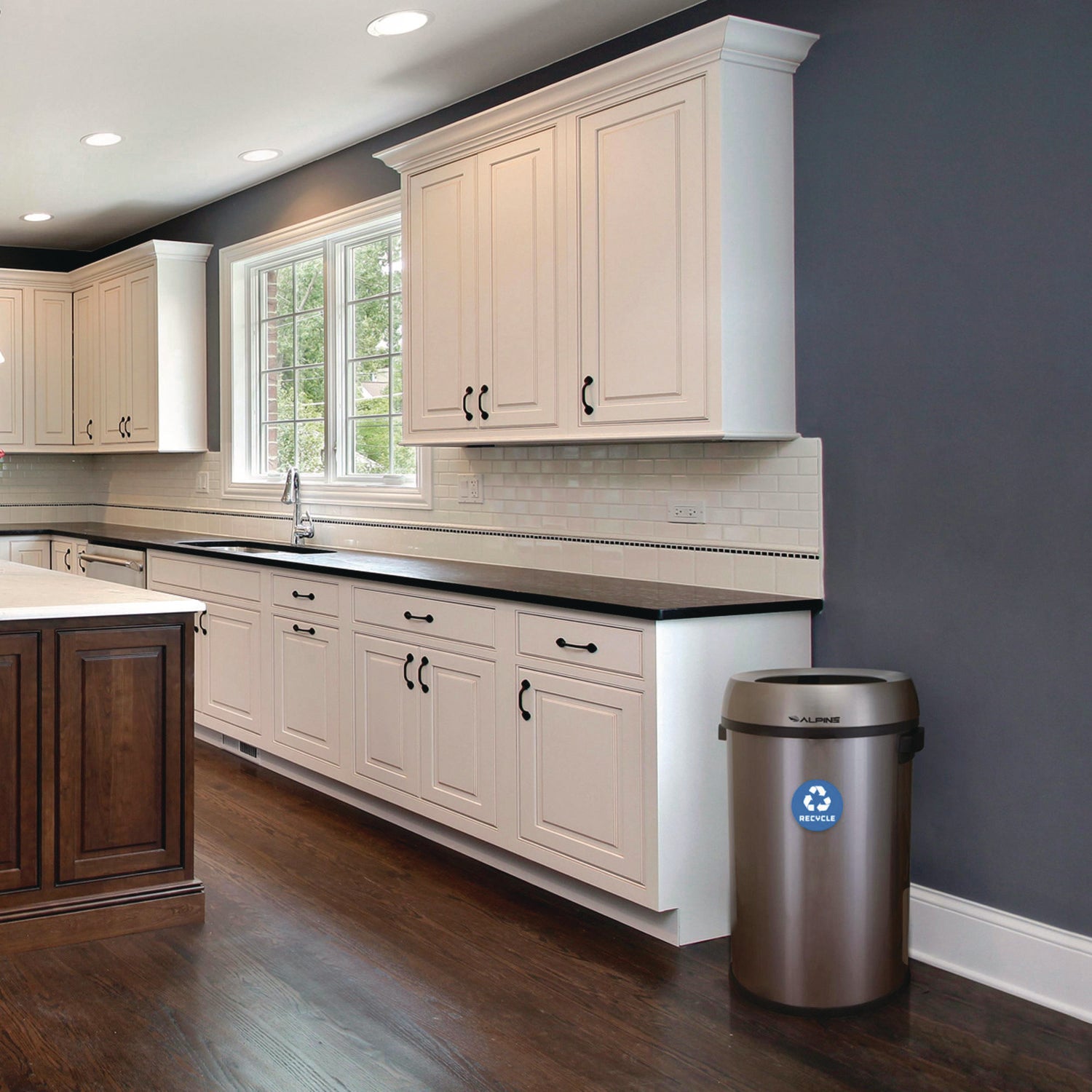 Alpine Industries 17 Gallon Stainless Steel Recycling Bin with Open Top - Durable Metal Trash Can for Home, Office, Kitchen & Outdoor Use