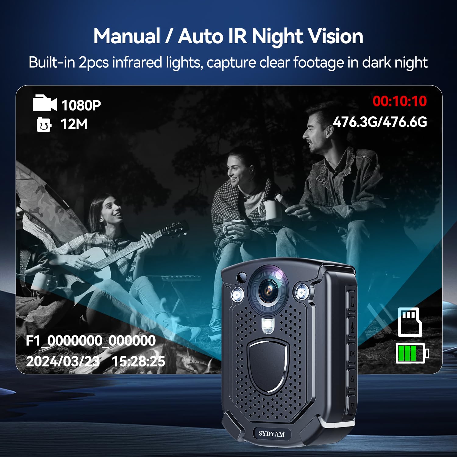 SYDYAM 64GB 4K Body Camera with Audio Recording - Waterproof IP68 Wearable Security Camera for Police, Security Patrol, Meetings & Travel - 12 Hours Continuous Recording for Law Enforcement & Outdoor Activities