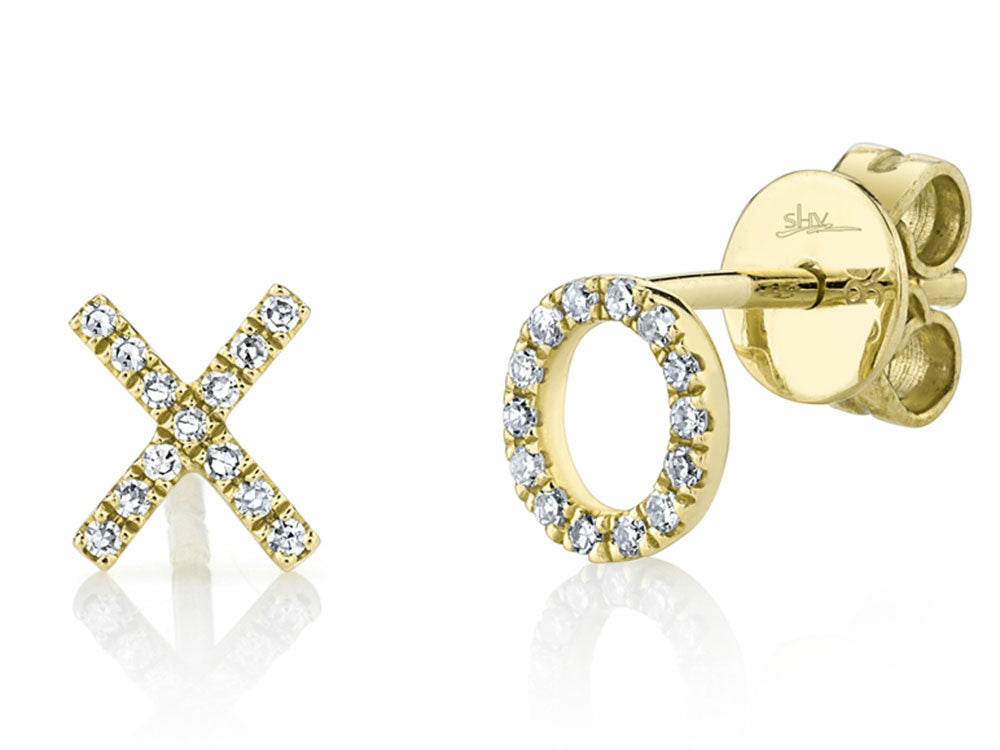 Shy Creation 14K Yellow Gold X&O Diamond Stud Earrings for Women - Perfect for Valentine's Day, Anniversary Gifts & Everyday Elegance