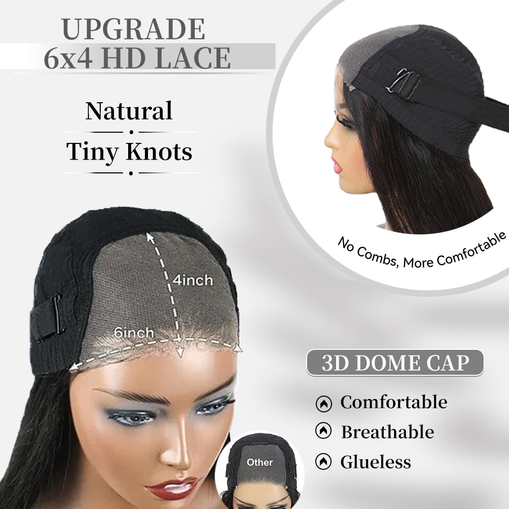 Wear and Go Glueless Human Hair Wigs for Women - 6x4 Straight Lace Front Wig with Pre Plucked & Pre Cut HD Lace, 180% Density, 24 Inch Natural Black - Perfect for Daily Wear, Parties, and Special Occasions