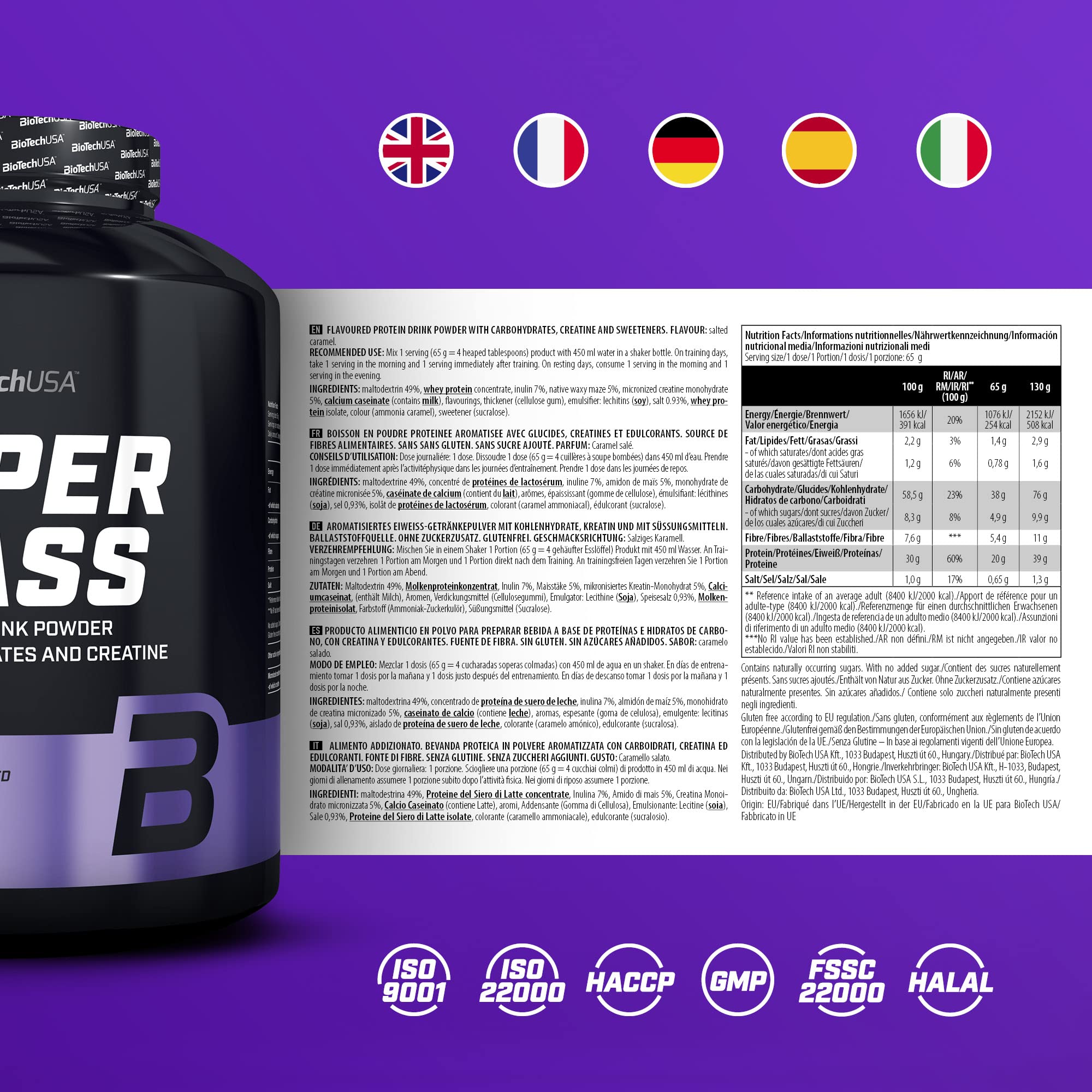 BioTechUSA Hyper Mass Gainer Protein Powder - Salted Caramel Flavor 5 lbs (2270g) for Muscle Building & Weight Gain - Perfect for Post-Workout Recovery & Bodybuilding Nutrition
