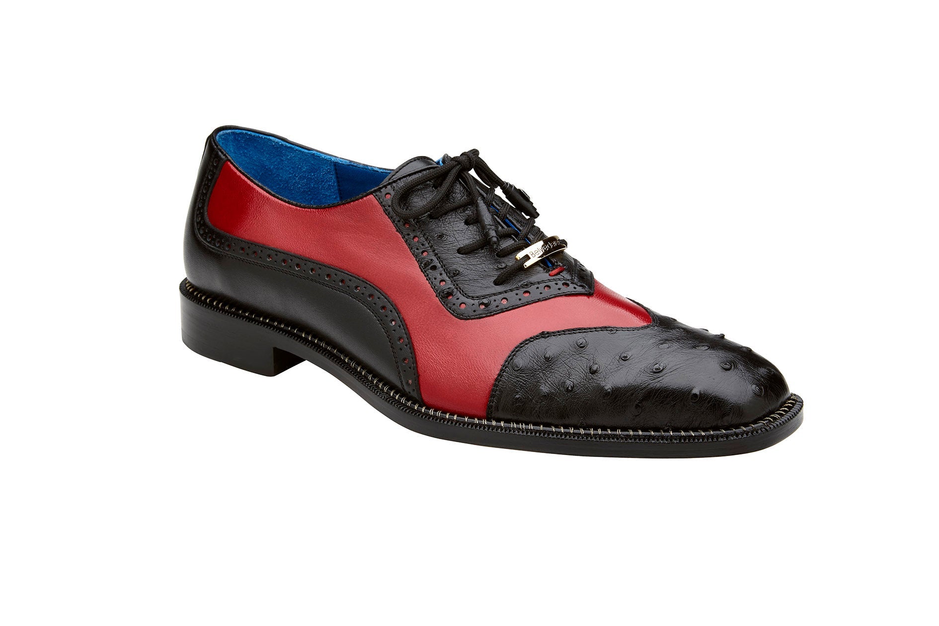 Belvedere Sesto Genuine Ostrich Quill & Italian Leather Wingtip Dress Shoes for Men - Black/Red Size R54 | Luxury Formal Shoes for Weddings, Business Meetings & Special Occasions