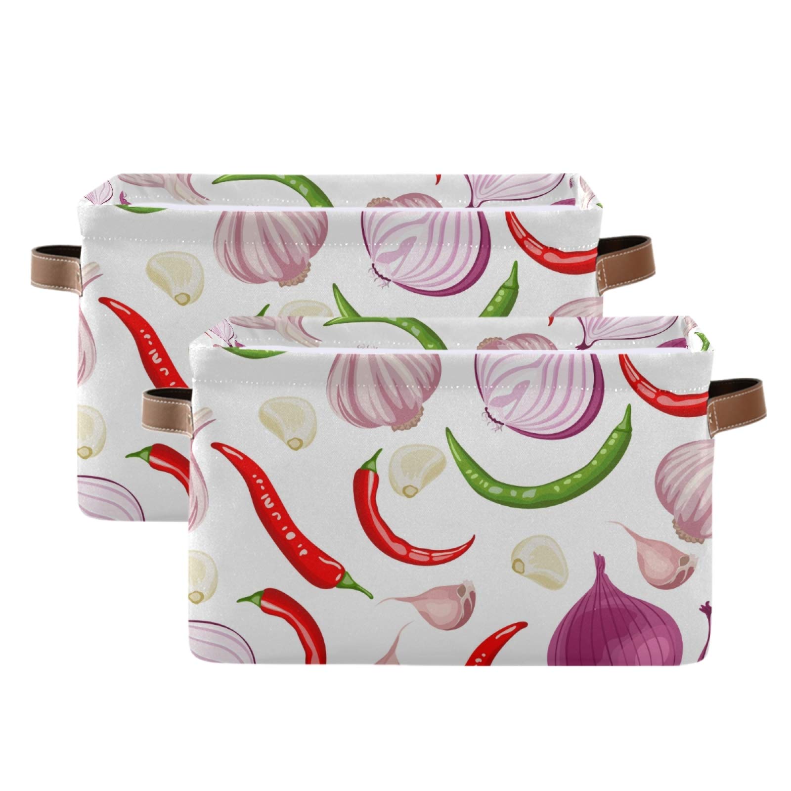 Large Foldable Storage Bins for Onions, Garlic & Peppers - 2 Pack Collapsible Fabric Baskets with PU Handles | Home Organization for Shelves, Closet, Bedroom & Living Room | Perfect for Kitchen Pantry, Grocery Storage & Farmhouse Decor