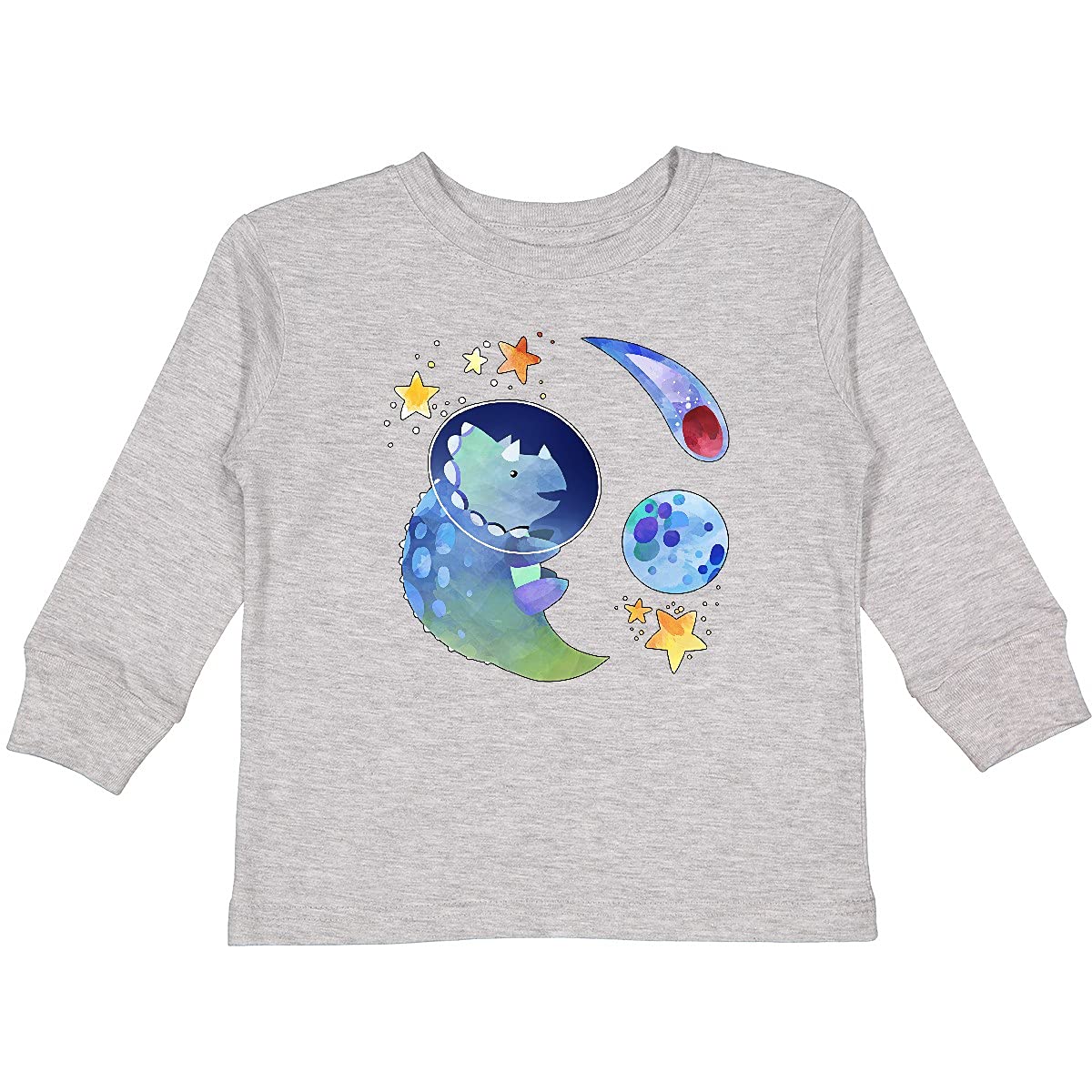 Inktastic Triceratops in Space with Planets - Cute Dinosaur Toddler Long Sleeve T-Shirt for Boys & Girls - Perfect for Preschool, Daycare & Playtime