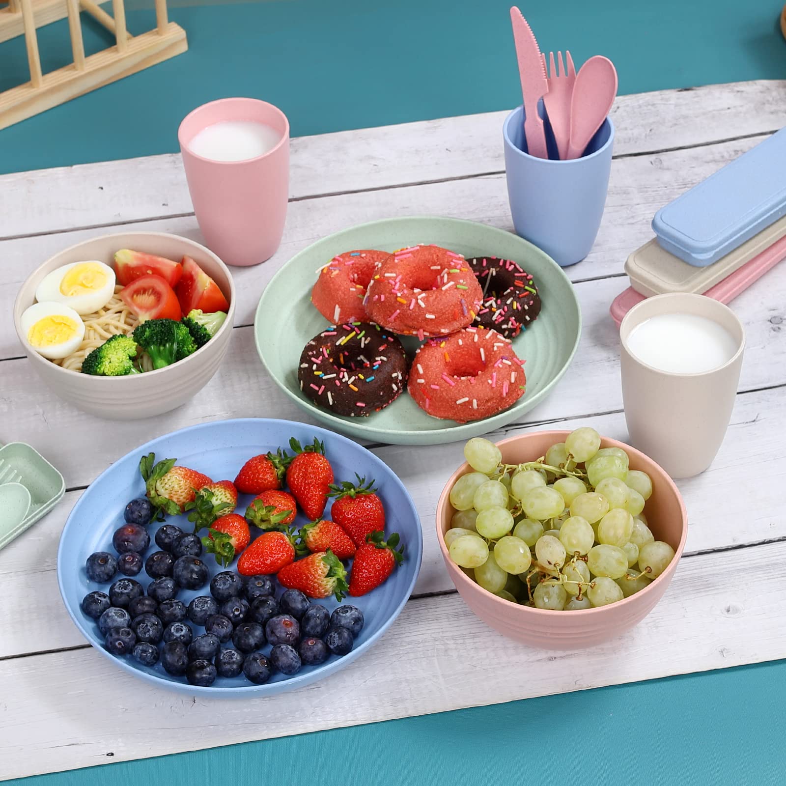 Eco-Friendly Wheat Straw Dinnerware Set for 4 - 28-Piece Microwave Safe Plates, Bowls & Cutlery | Colorful BPA-Free Kitchen Dishes for College Dorm, Camping & Sustainable Home Dining