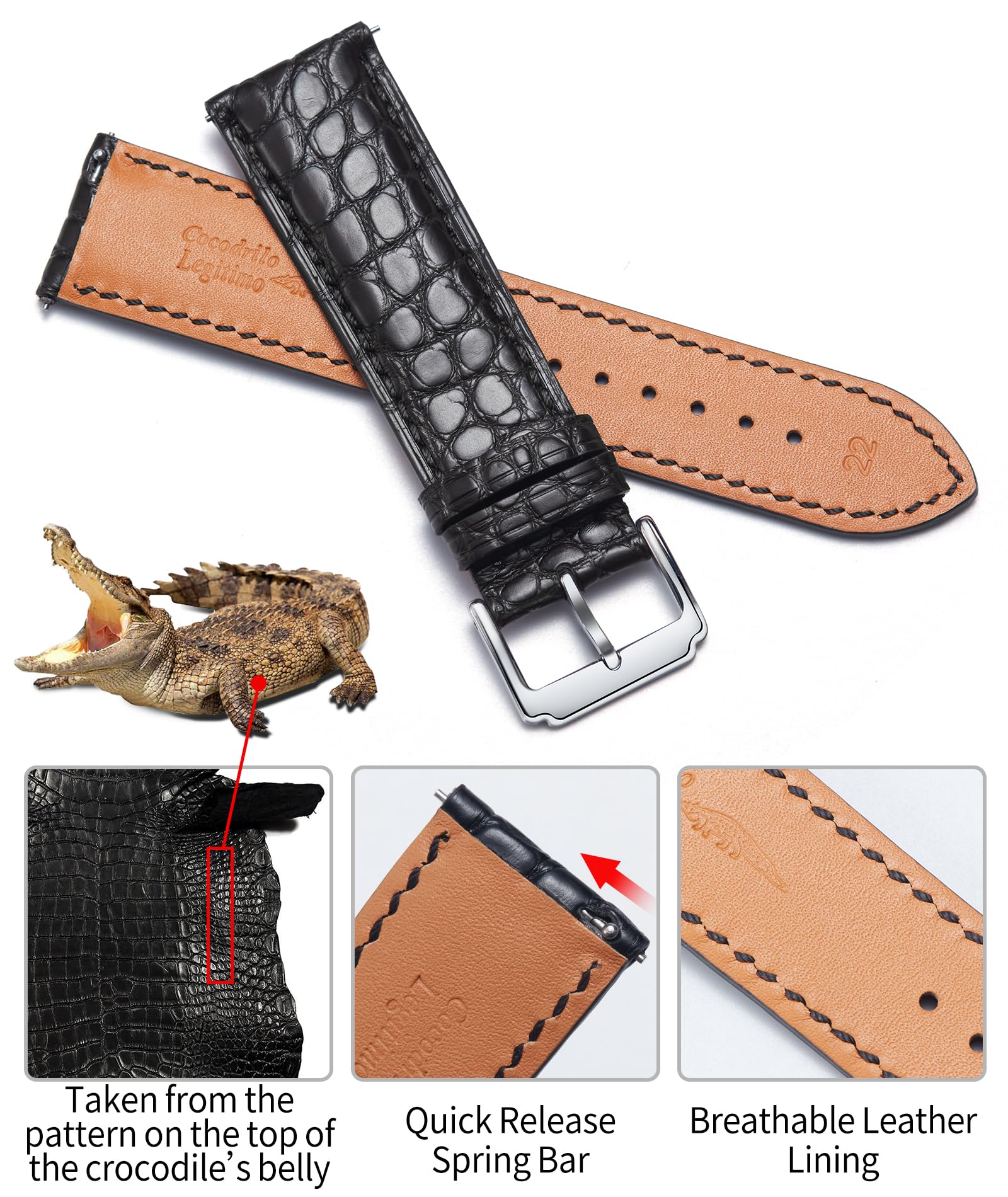 Premium Alligator Grain Leather Watch Bands for Men & Women - Handmade Crocodile Pattern Quick Release Replacement Straps - Genuine Leather in Black & Brown - Perfect for Dress Watches, Business Attire & Formal Occasions