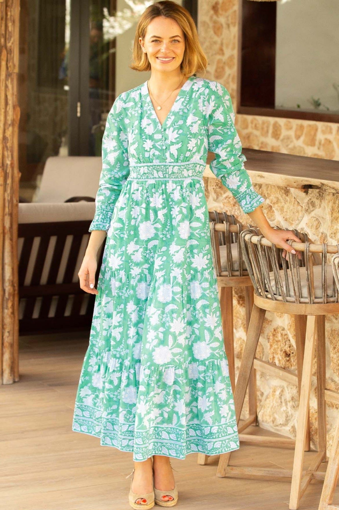 Billie Organic Cotton Block Print Dress - Lotus Green & Blue | Boho Chic Summer Dress for Women | Perfect for Beach, Vacation & Casual Outings