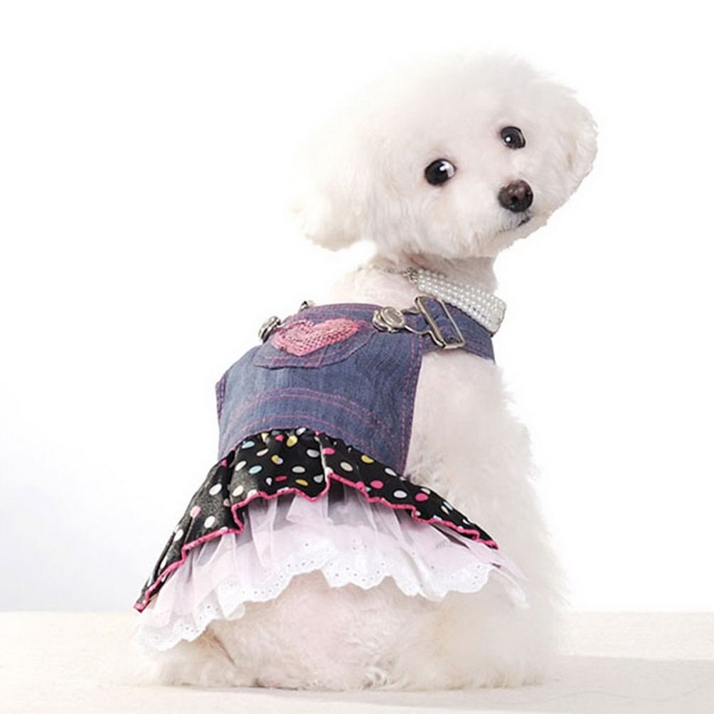 SELMAI Denim Dog Jumpsuit for Small Puppies & Cats - Princess Pet Costume with Pocket, Bib, Pleated Tiered Skirt & Heart Sequins | Summer Outfit for Parties, Photos & Daily Wear