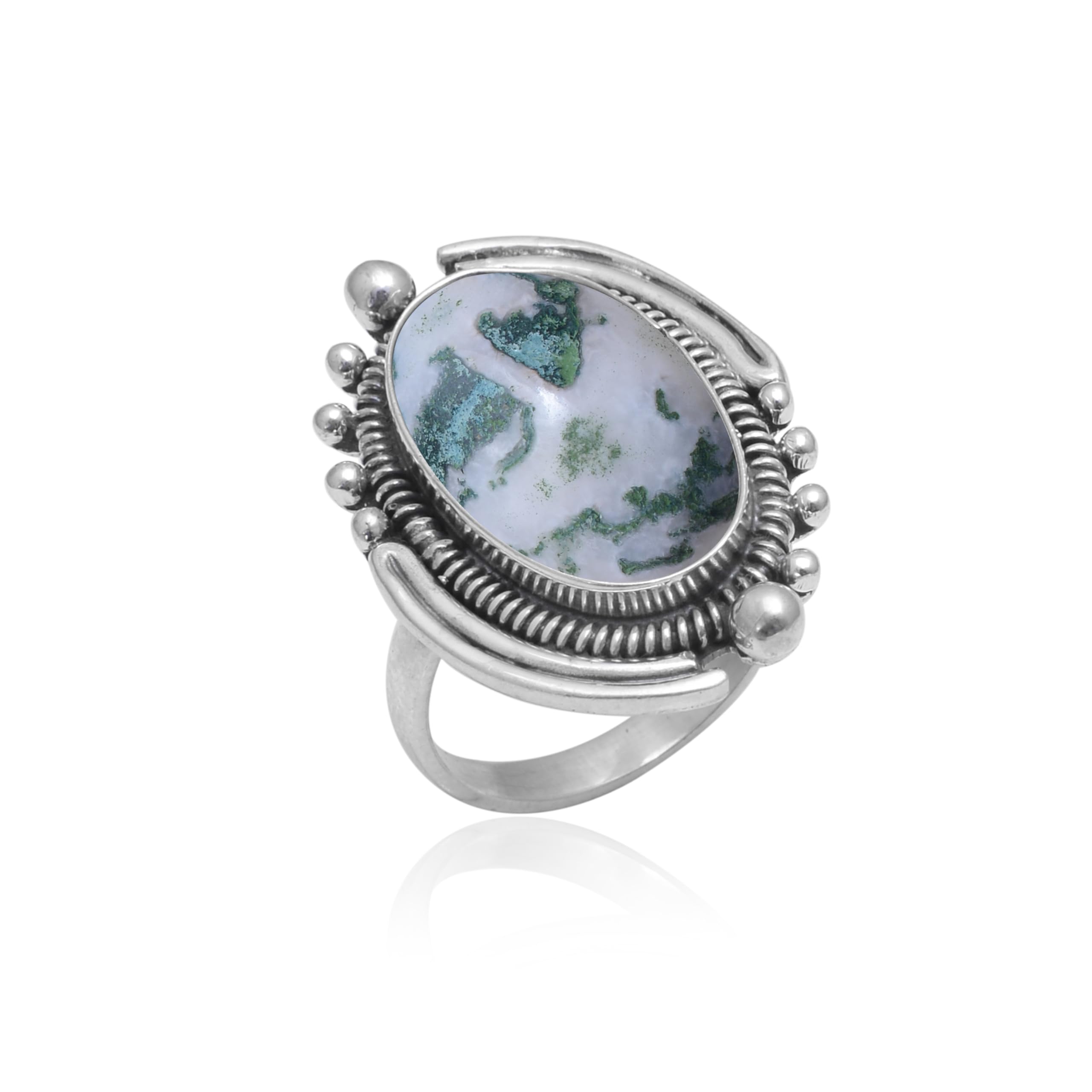 Veracity Jewelry Moss Agate Rings for Women - 925 Sterling Silver Healing Meditation Rings with Natural Green White Gemstone - VSR-543 | Spiritual Jewelry, Yoga Accessories, Gift for Her