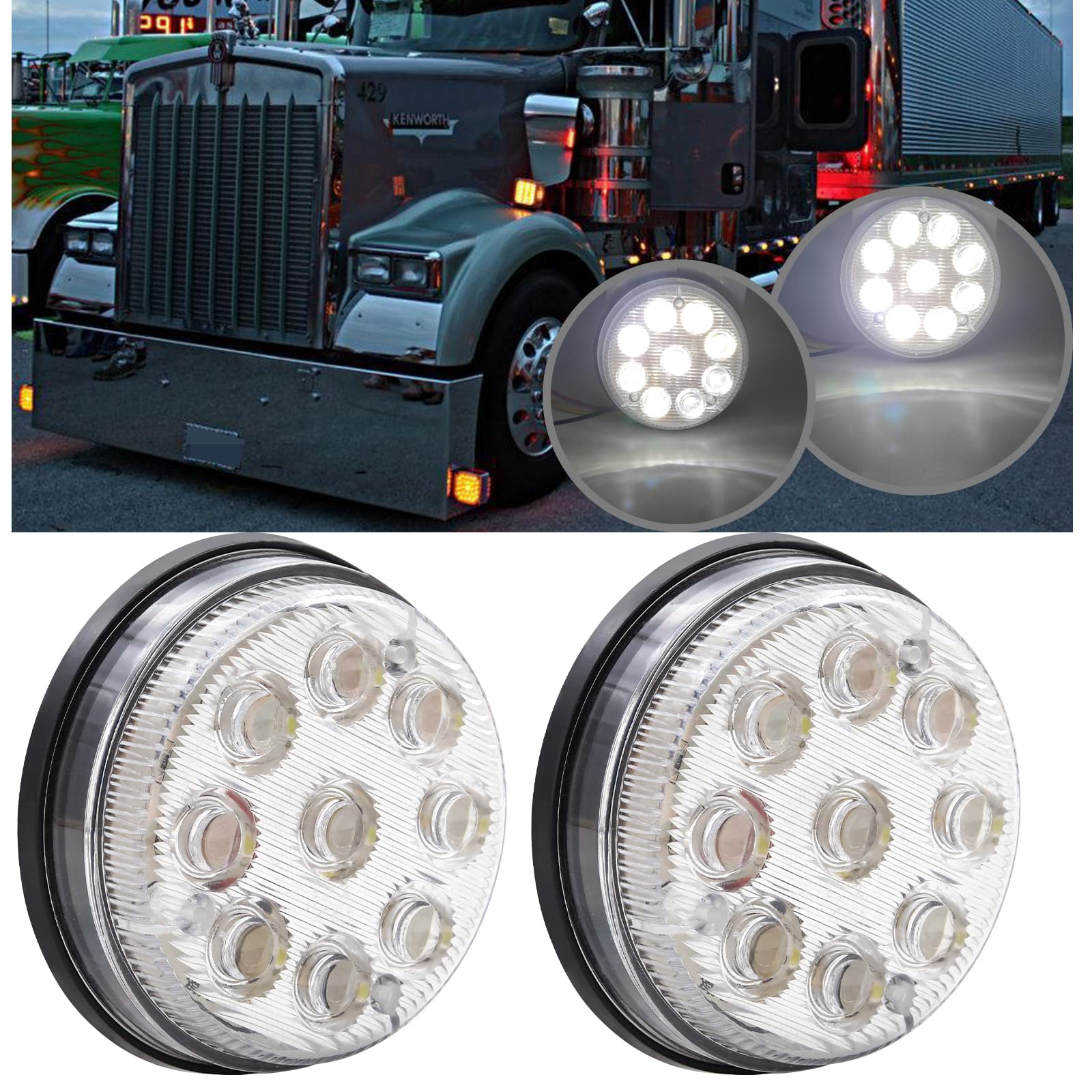 Biqing 3 Inch Round LED Marker Lights - 2PCS White 24V High/Low Beam Side Lights, 9-LED Front Rear Clearance Indicators for Car Truck Van Trailer Lorry Bus - Ideal for Night Driving & Vehicle Safety