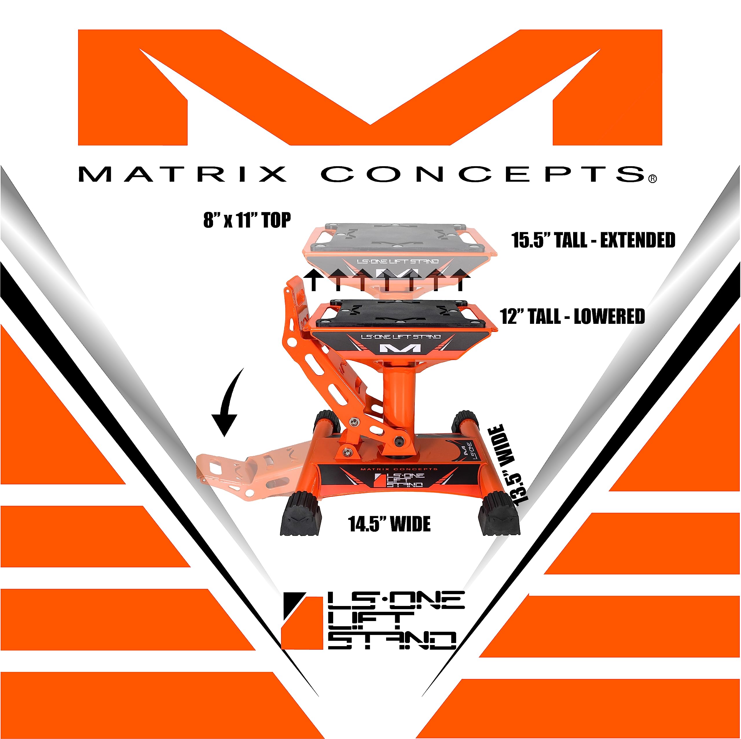 Matrix Concepts LS1 Dirt Bike Lift Stand - Heavy Duty Carbon Steel Construction, 500 lbs Weight Capacity for Motorcycles & Mini Bikes - Includes Sticker Pack (Orange) - Perfect for Garage Maintenance & Off-Road Bike Storage