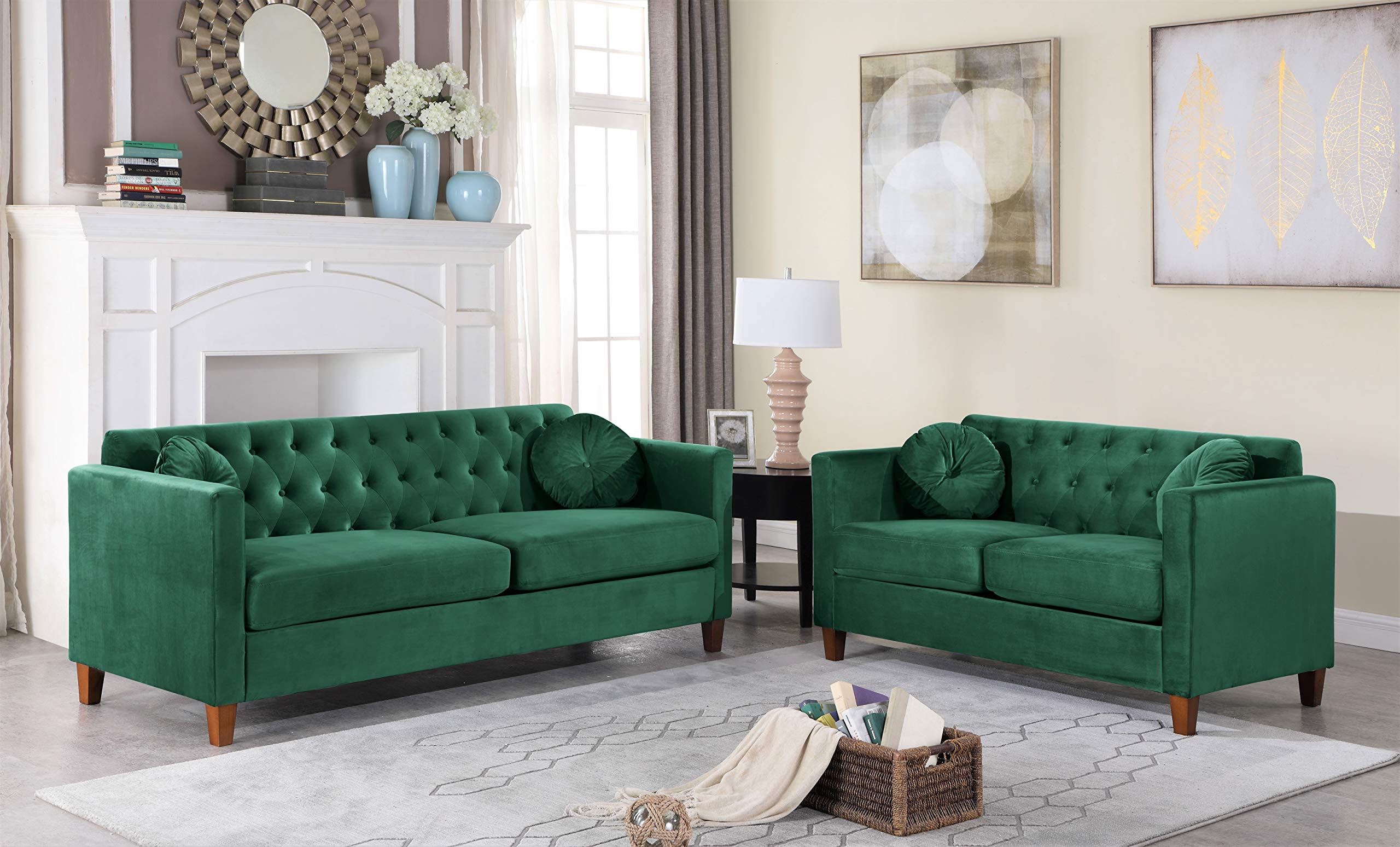 Persaud Classic Chesterfield Velvet Upholstery Sofa - Luxurious Living Room Couch for Home, Apartment & Office - Elegant Lush Green Sofa | Perfect for Cozy Lounging, Entertaining Guests & Office Waiting Areas