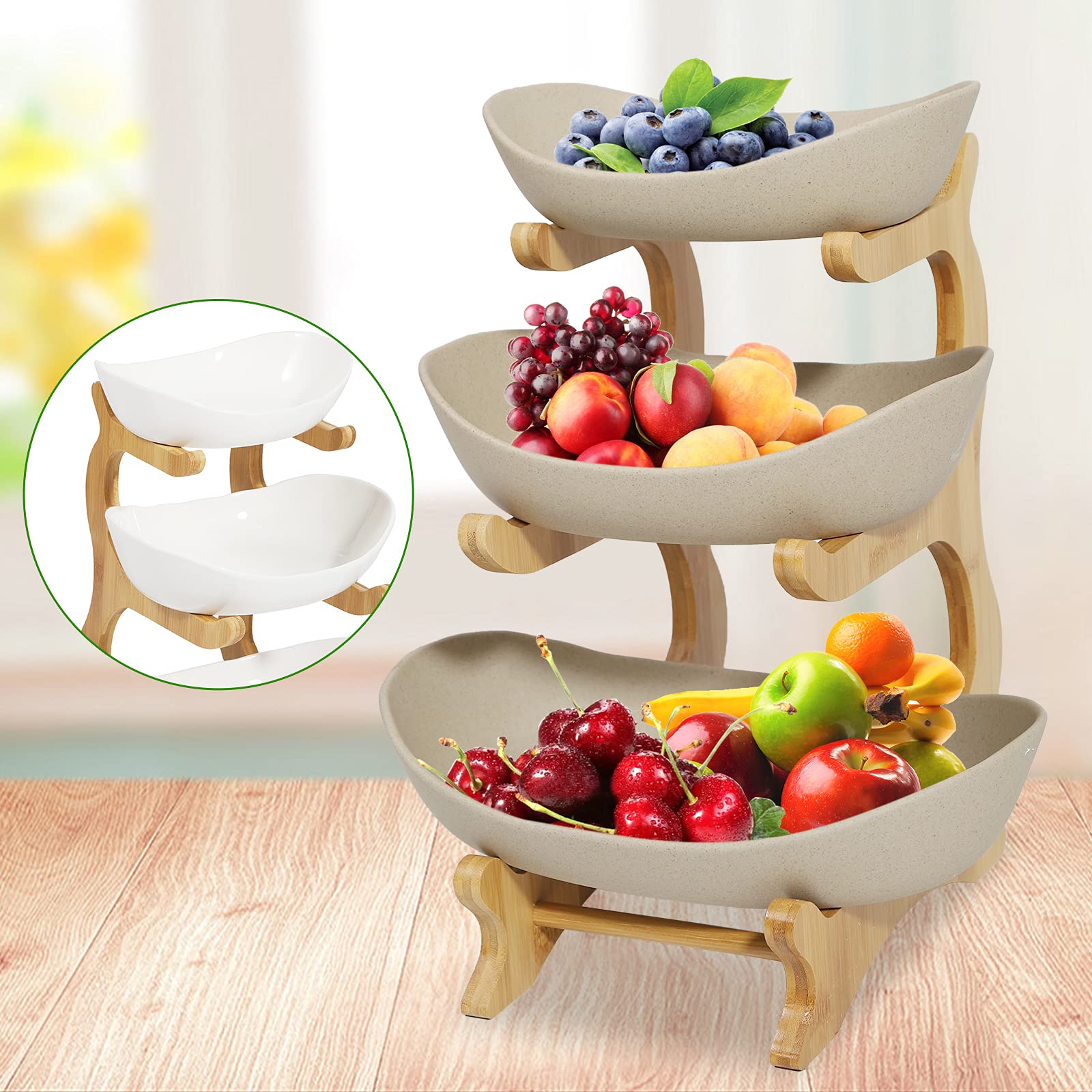 3-Tier Ceramic Fruit Bowl with Bamboo Stand - Large Capacity Serving Tray for Fruits, Vegetables & Snacks | Perfect for Party, Wedding & Home Decor | Durable Kitchen & Dining Storage Solution