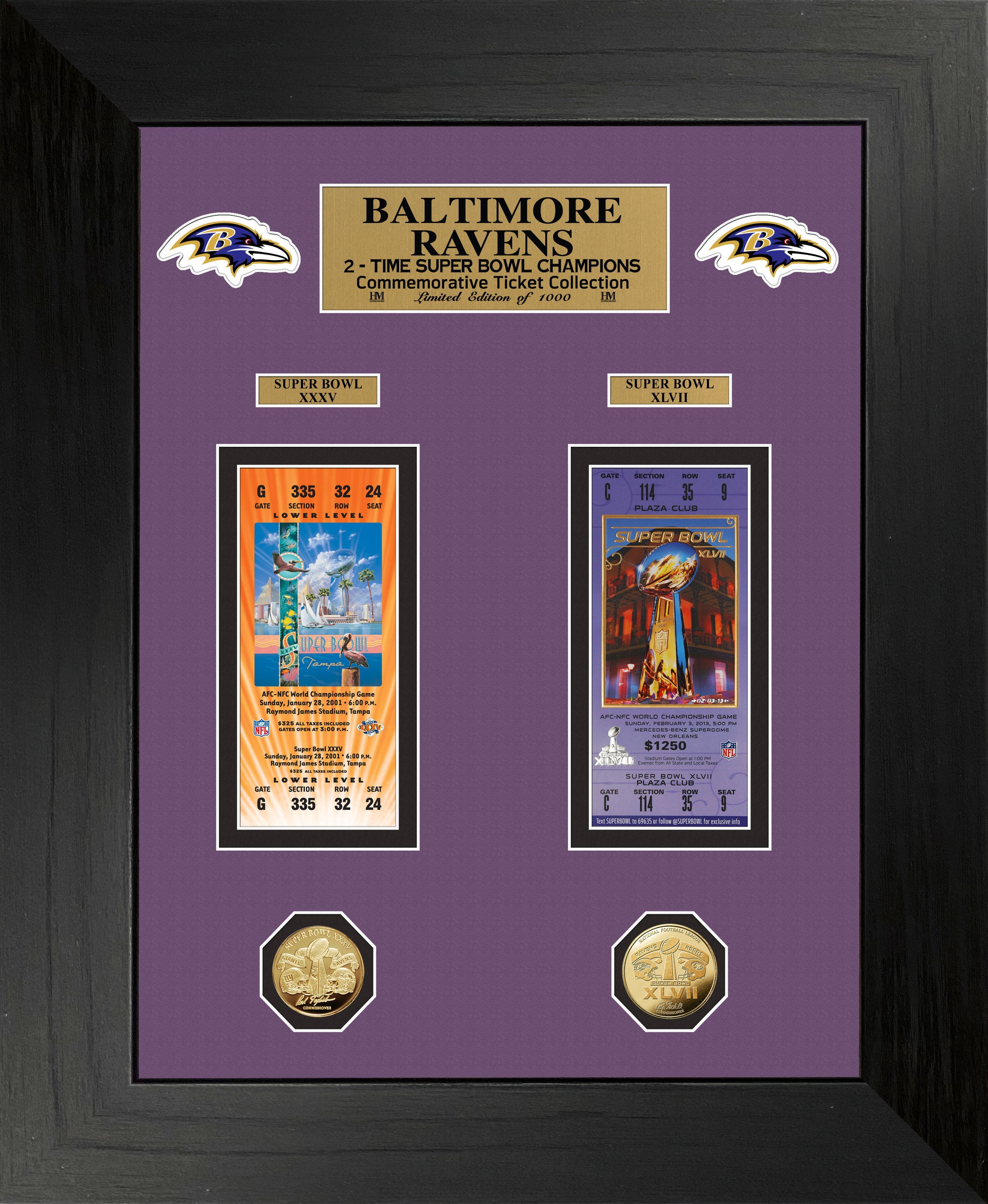 Baltimore Ravens Super Bowl Commemorative Ticket & Coin Collection Framed Display - Perfect for Fans, Sports Memorabilia Collectors, and Home or Office Decor