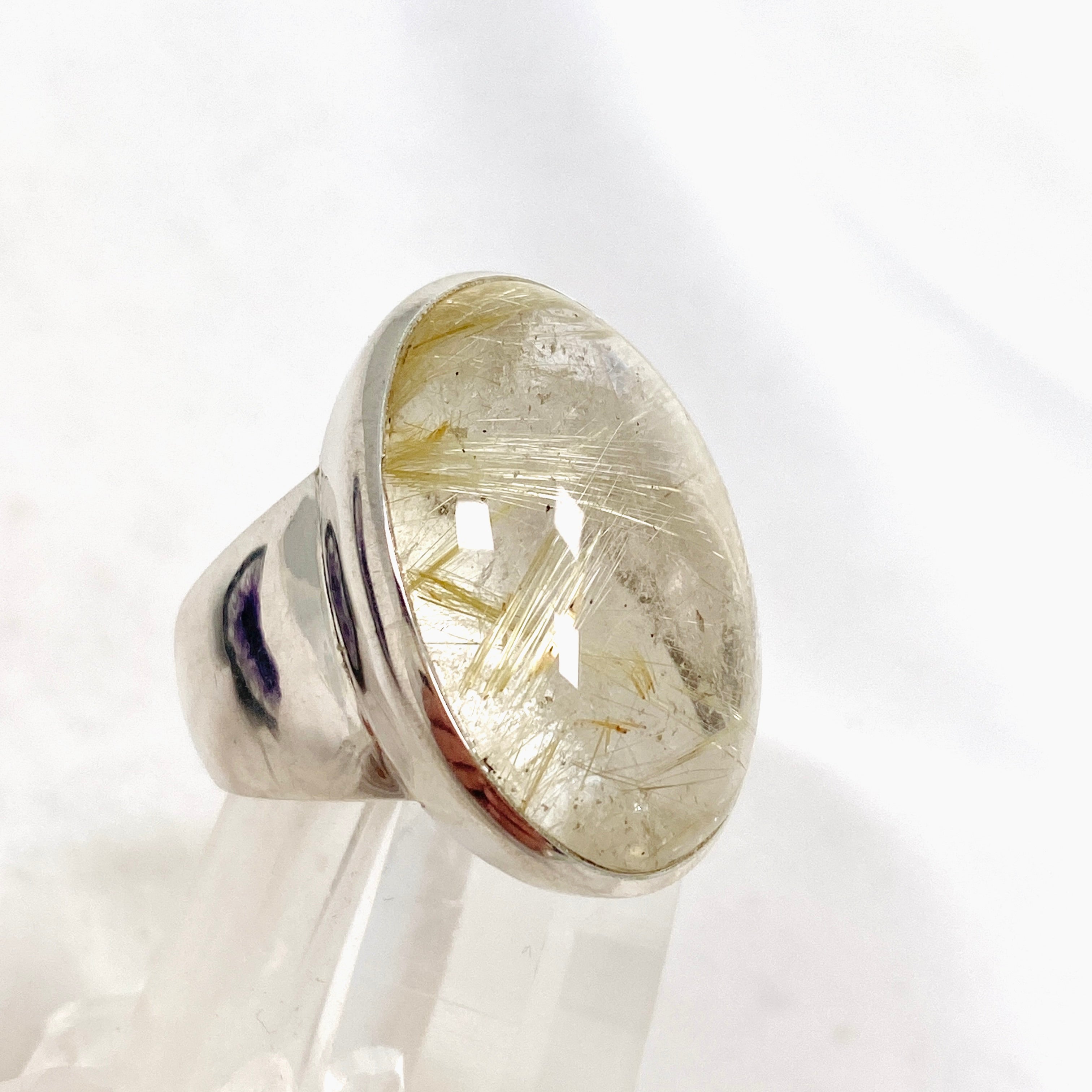 Rutilated Quartz Oval Cabochon Ring - Size 10 - 925 Sterling Silver - Handmade Boho Jewelry - Perfect for Meditation, Energy Healing & Spiritual Gifts