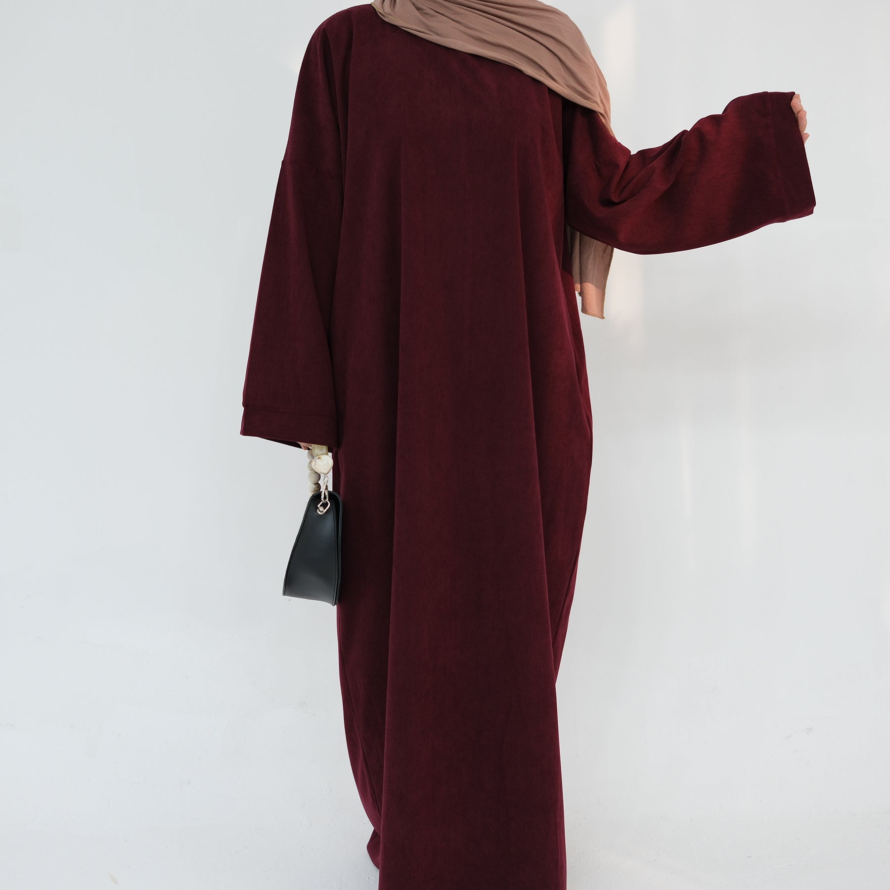 Stylish Annan Corduroy Abaya Dress in Wine Red - Modest Islamic Fashion for Women, Perfect for Prayer, Eid, and Special Occasions