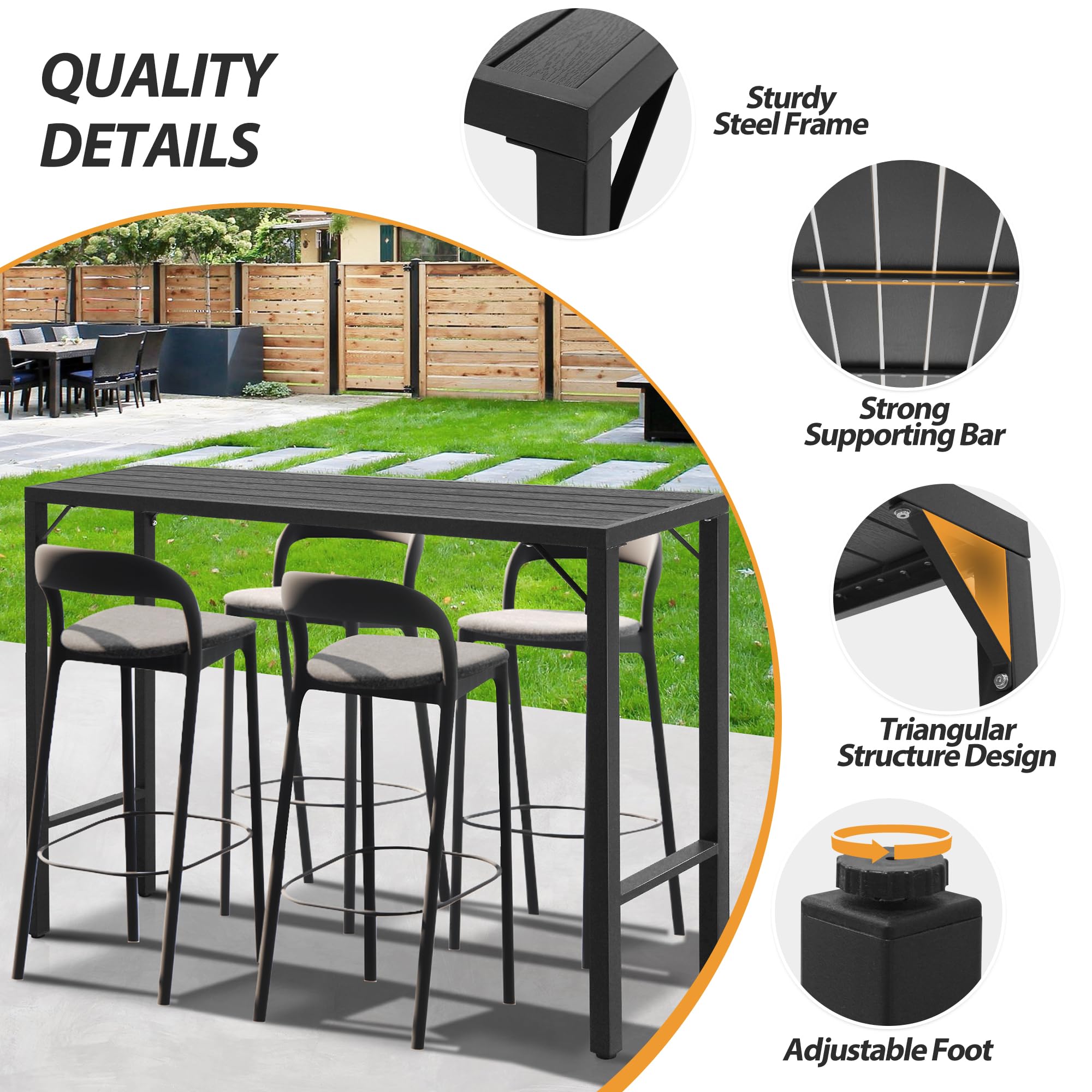 55 Inch Outdoor Bar Table - Patio Bar Height Counter with Waterproof Top for Balcony, Garden, Yard & Poolside - Black Pub Dining Table for Outdoor Entertaining & Relaxation