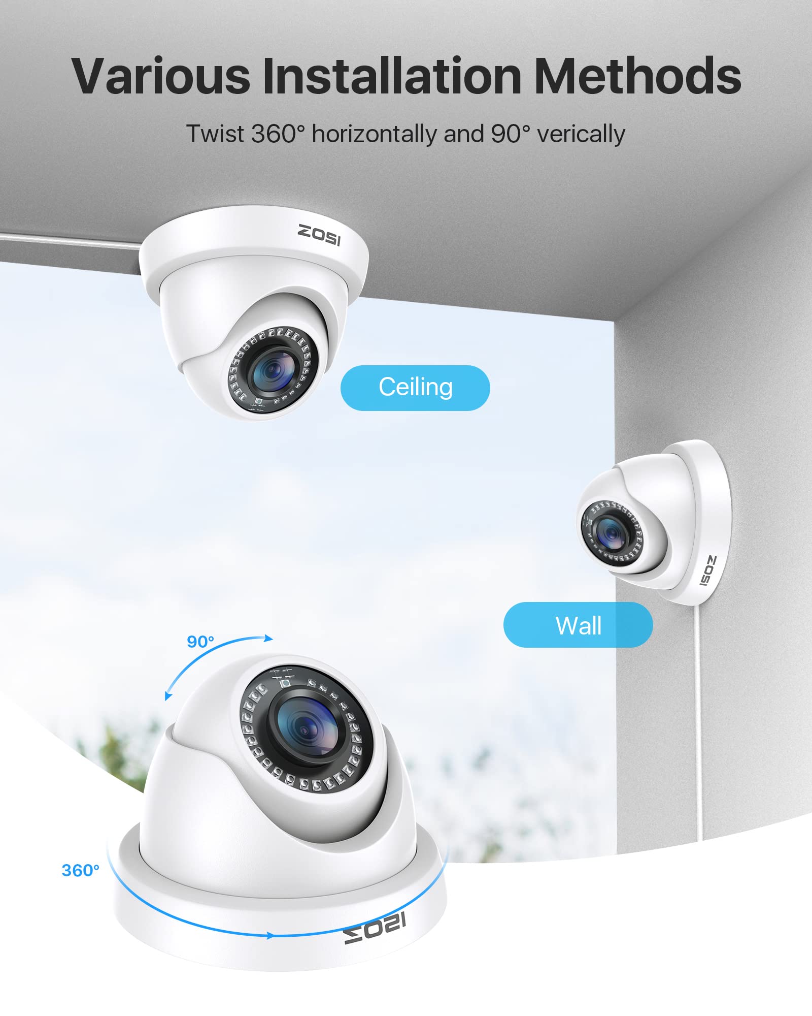 ZOSI 1080p Dome Security Camera - 2MP HD-CVI/TVI/AHD/960H Hybrid CCTV Camera with Night Vision (80ft), Weatherproof for Outdoor/Indoor Use - Ideal for Home, Office & Business Surveillance