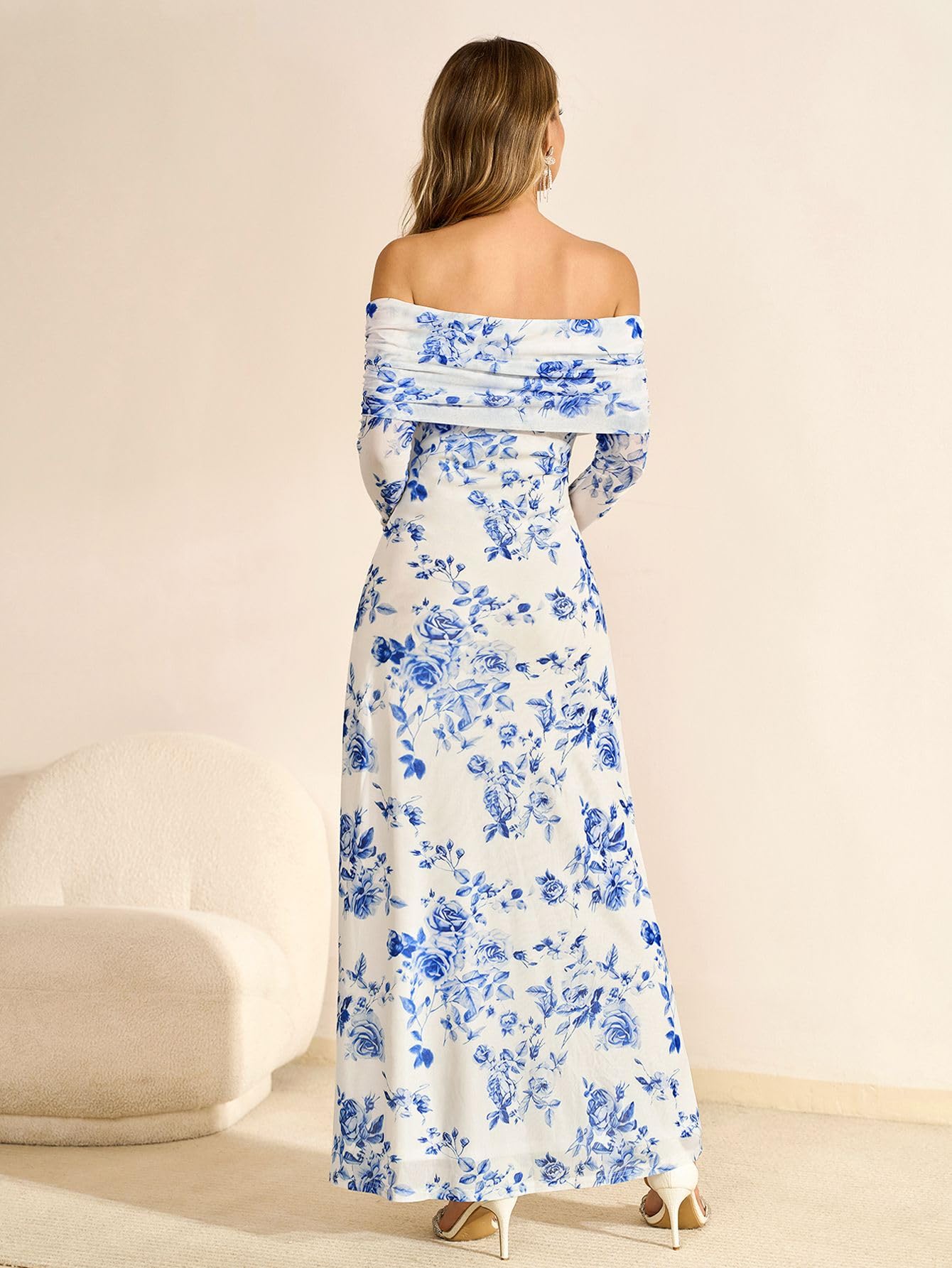 KUTUMAI Women's Off Shoulder Bodycon Maxi Dress with Long Sleeves - Mesh Ruched Party Gown for Wedding Guest, Formal Occasions & Evening Events