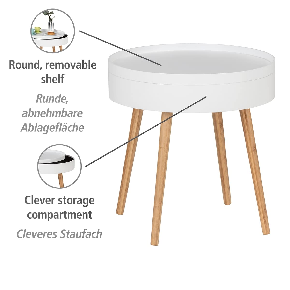 WENKO Finja Bamboo Side Table with Tray & Storage - Natural Wood Coffee Table, Nightstand for Living Room, Bedroom - 19.5