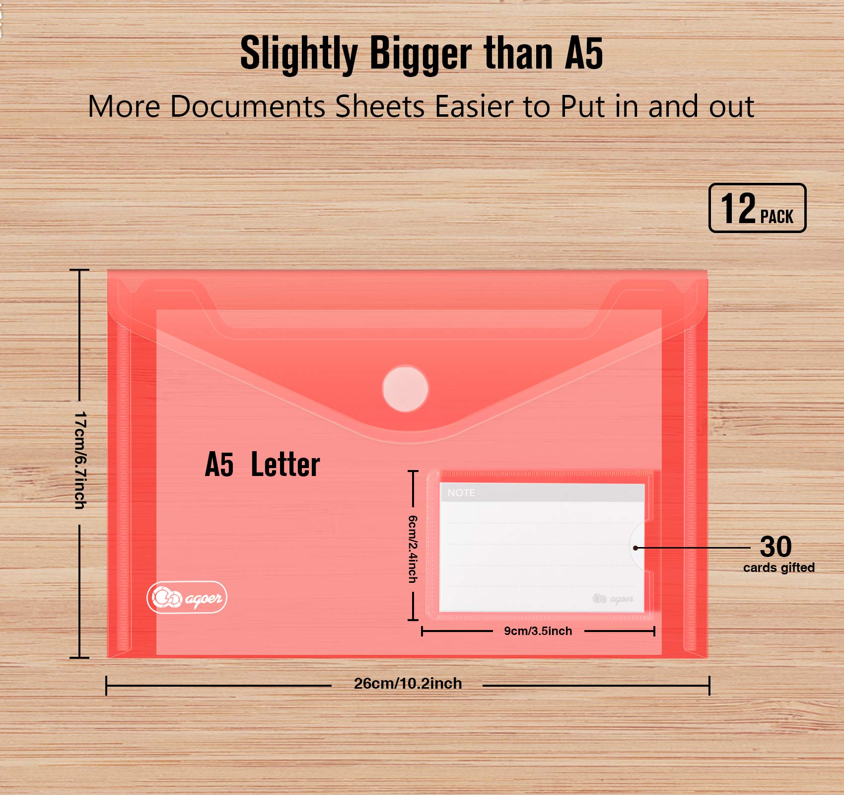 A5 Plastic Folders - 12 Pack Colorful Document Wallets with Perforated Edge & Label Pocket | Includes 20 Free Business Cards | Perfect for Office Organization, School Supplies & Document Filing | Durable Poly Envelopes for Home & Office Use