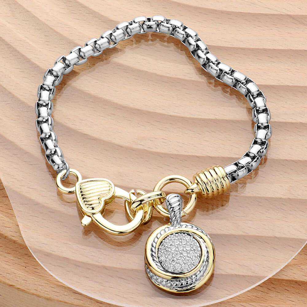 14K Gold Plated Two Tone CZ Stone Paved Round Pendant Bracelet for Women - Elegant Jewelry Gift for Birthday, Anniversary & Special Occasions