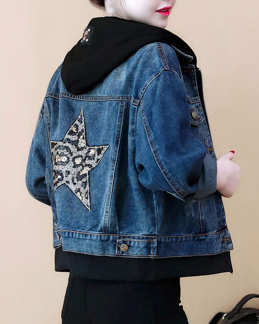 Ebossy Women's Distressed Sequin Star Denim Jacket - Cropped Hooded Jean Jacket for Casual Outfits, Parties & Street Style Fashion