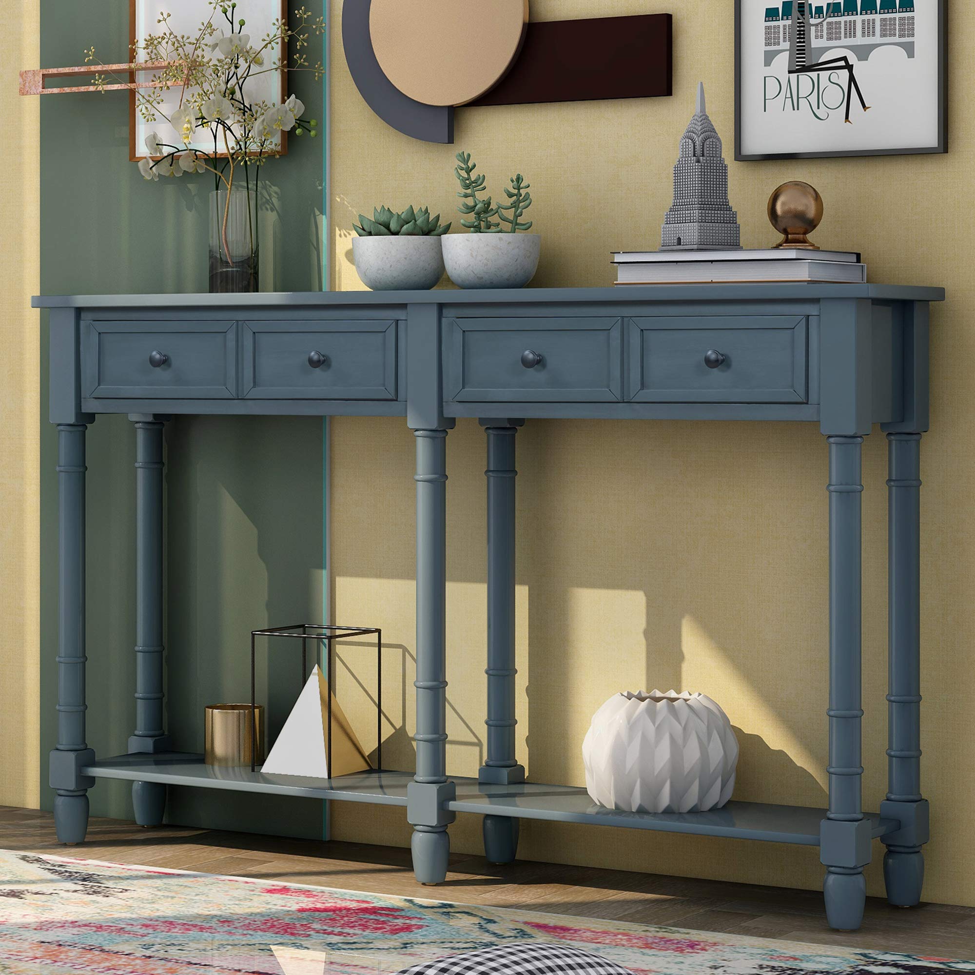 Vintage Retro Console Table with Drawers & Shelf - Entryway Sofa Table for Living Room, Hallway (Antique Navy) | Perfect for Small Spaces, Apartment Decor & Farmhouse Style Homes