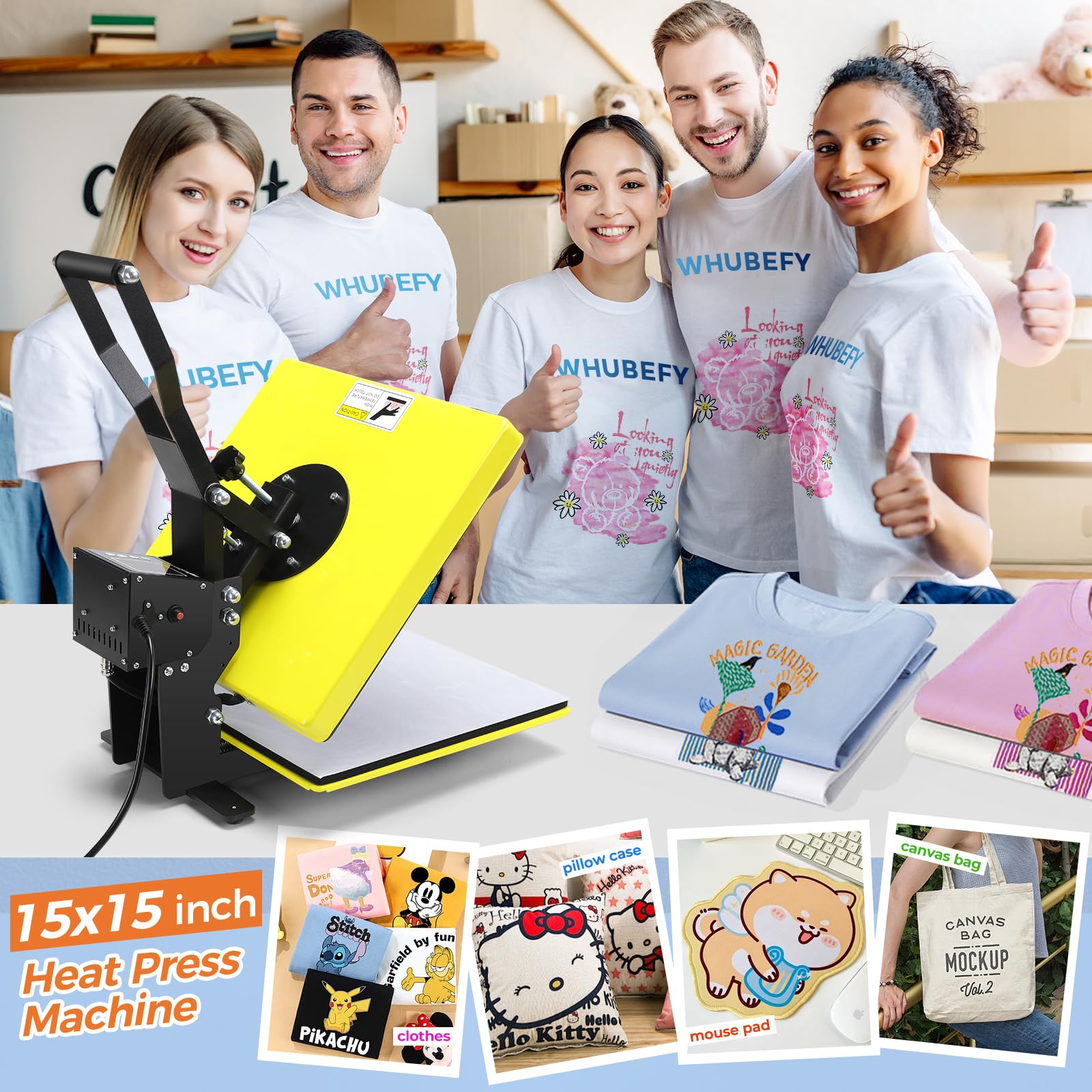 Whubefy 15x15 Inch Slide Out Heat Press Machine - 3 Pre-Set Modes for Easy T-Shirt Printing, DIY Sublimation Transfer for HTV Vinyl, Pillows, Bags & Mouse Pads | Perfect for Home Crafting & Small Business T-Shirt Design