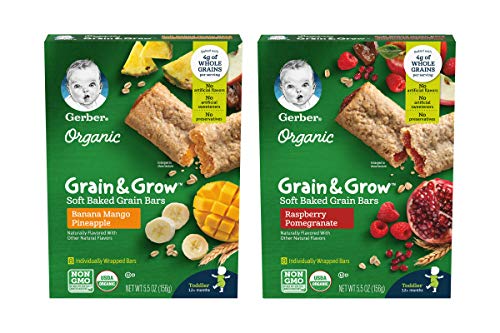 Gerber Organic Soft Baked Grain Bars Variety Pack - Banana Mango Pineapple & Raspberry Pomegranate (5.5 OZ, 8 Bars per Box, Pack of 2) | Healthy Toddler Snacks for On-the-Go, Daycare & Travel