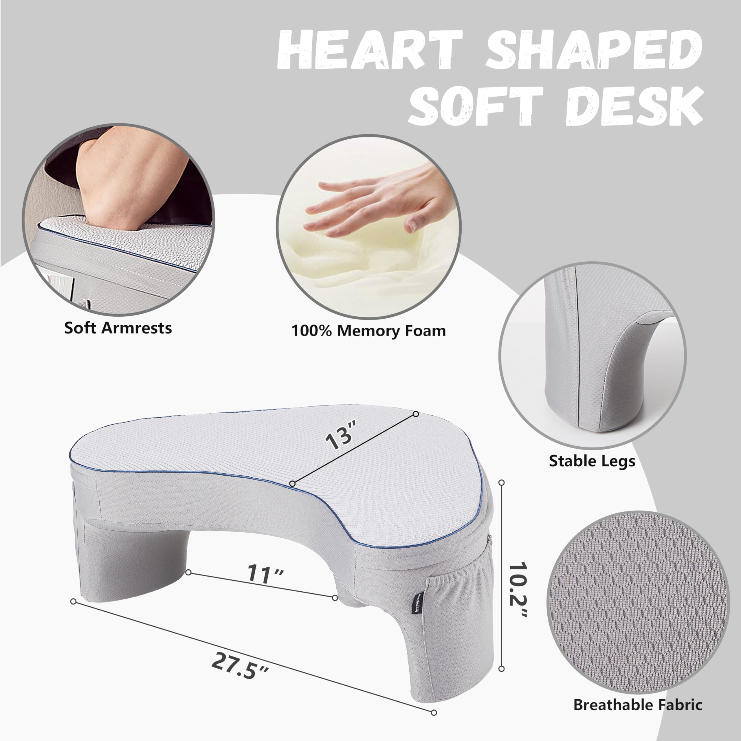 Memory Foam Lap Desk Pillow - Heart Shaped Laptop Cushion for Gaming, Working & Crocheting | Portable Reading Pillow for Couch & Bed (Grey, Medium) - Perfect for Home Office, Gaming Setup & Cozy Reading