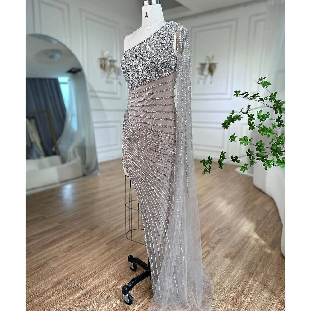Serene Hill Lilac Mermaid Elegant One Shoulder Sexy High Slit Beaded Evening Dress Gown 2025 for Women - Perfect for Weddings, Prom, Cocktail Parties & Formal Events