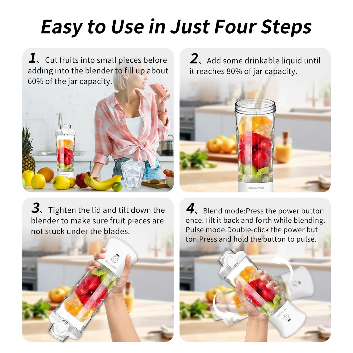 Portable USB Rechargeable Personal Blender - 20oz Travel Cup with Lid, 6 Blades Mini Blender for Smoothies, Protein Shakes & Juices | Perfect for Gym, Kitchen, Camping & Outdoor Activities (White)