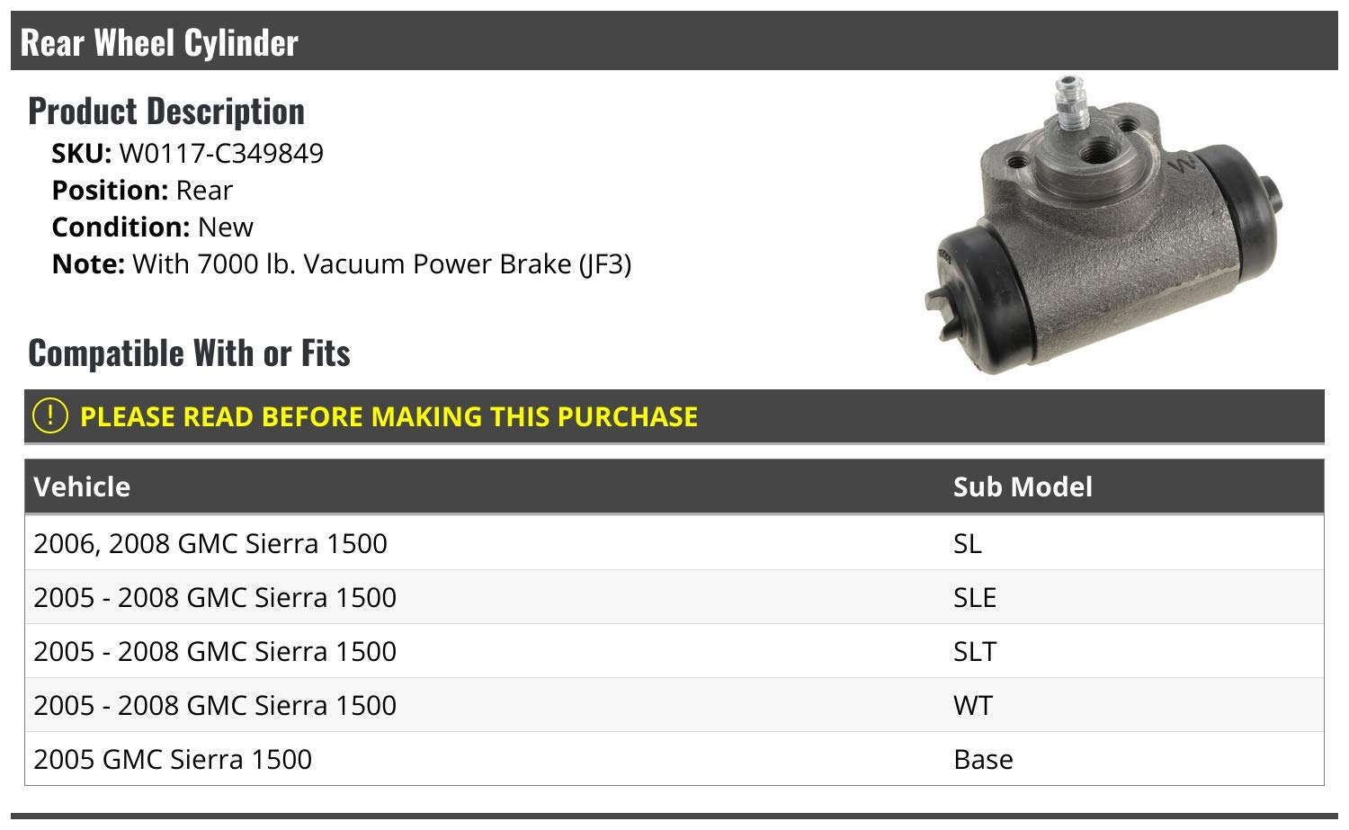 Rear Wheel Brake Cylinder Replacement for 2005-2008 GMC Sierra 1500 (7000 lb Vacuum Power Brake) - High Performance Brake System Part for Smooth Stopping & Enhanced Safety - Perfect for Off-Roading, Towing & Daily Driving