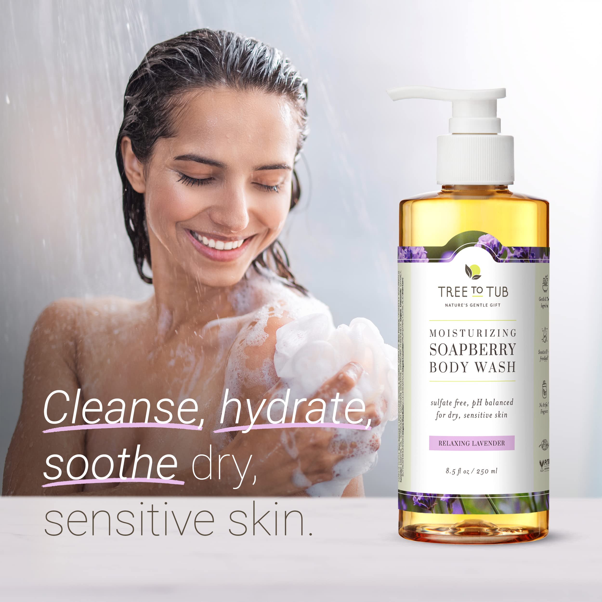 Tree to Tub Lavender Body Wash & Face Wash for Sensitive & Dry Skin - pH Balanced, Moisturizing & Hydrating Cleanser for Women & Men - Perfect for Daily Shower & Gentle Skincare Routine