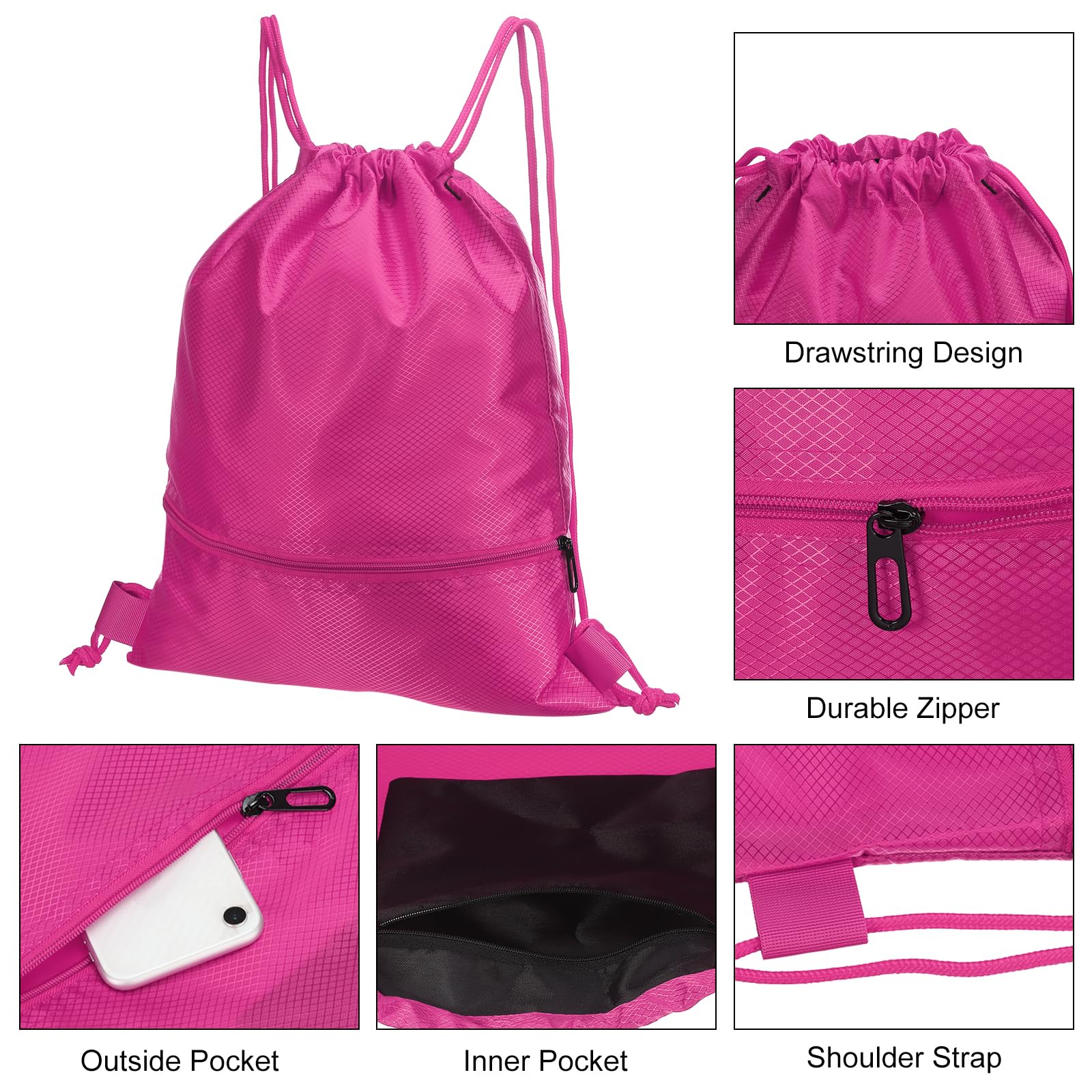 PATIKIL Drawstring Backpack with Zip Pocket - Gym Bag for Women & Men in Rose Red | Perfect for Sports & Travel