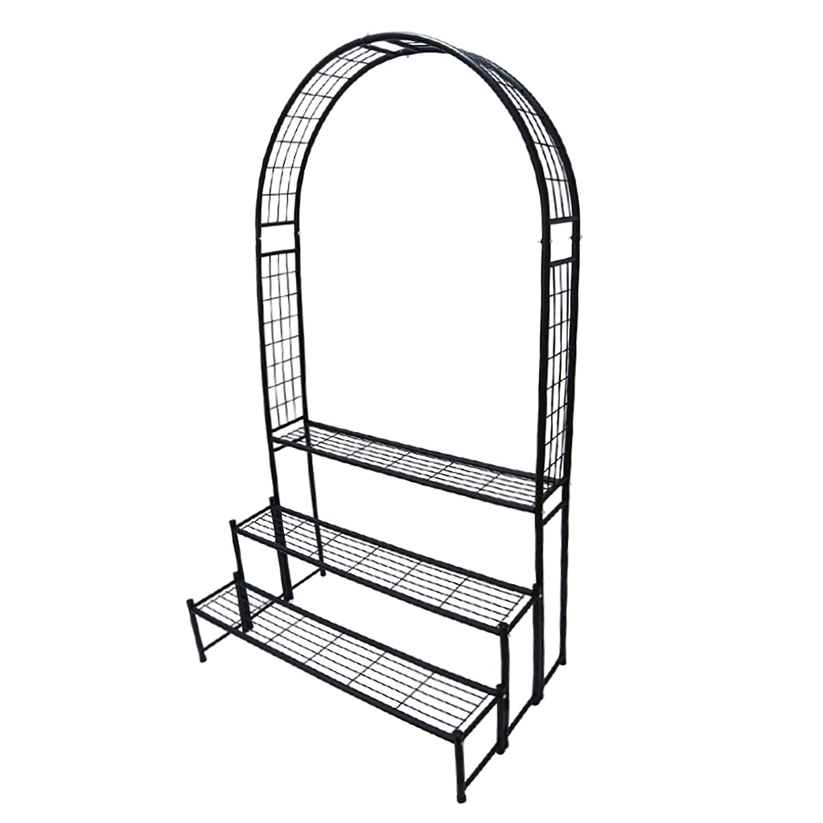 3 Tier Metal Garden Arch Plant Stand - Black Flower Pot Holder Display Shelf for Roses & Climbing Plants | Outdoor Patio Decor, Backyard Wedding Archway, Vine Support Structure