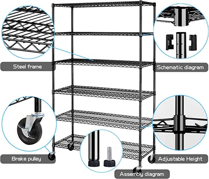 HCB 6-Tier Heavy Duty Wire Shelving Unit 76x48x18 Inches - Adjustable Metal Steel Storage Rack with Wheels for Restaurant, Garage, Pantry & Kitchen Organization (Black) - Perfect for Commercial Kitchens, Warehouse Storage & Home Organization