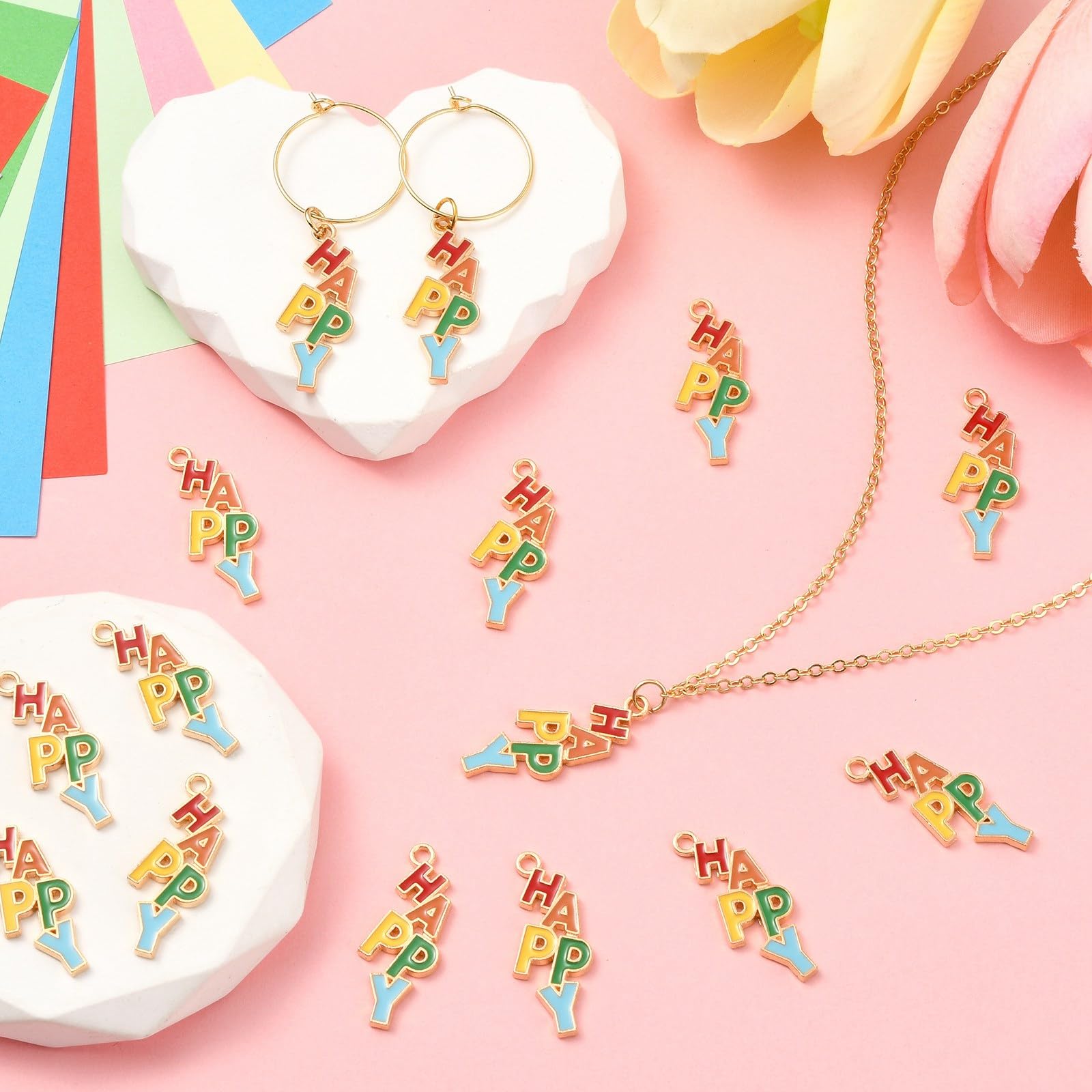 50pcs Gold Plated Happy Word Enamel Charms - DIY Jewelry Making Craft Supplies for Bracelets, Necklaces & Keychains - Perfect for Gifts & Personalization
