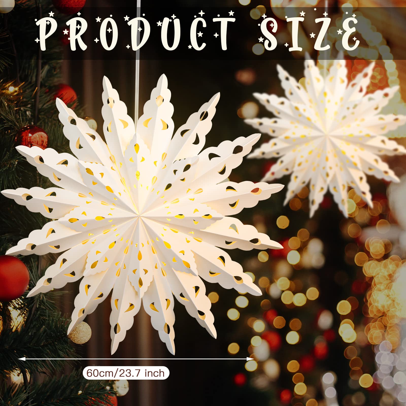 23.6 Inch Christmas Star Snowflake Paper Lantern with Timer - Battery Operated Hanging Decor for Holiday Party, Wedding, Birthday, Christmas Tree - Classic Style Home Celebration Decoration