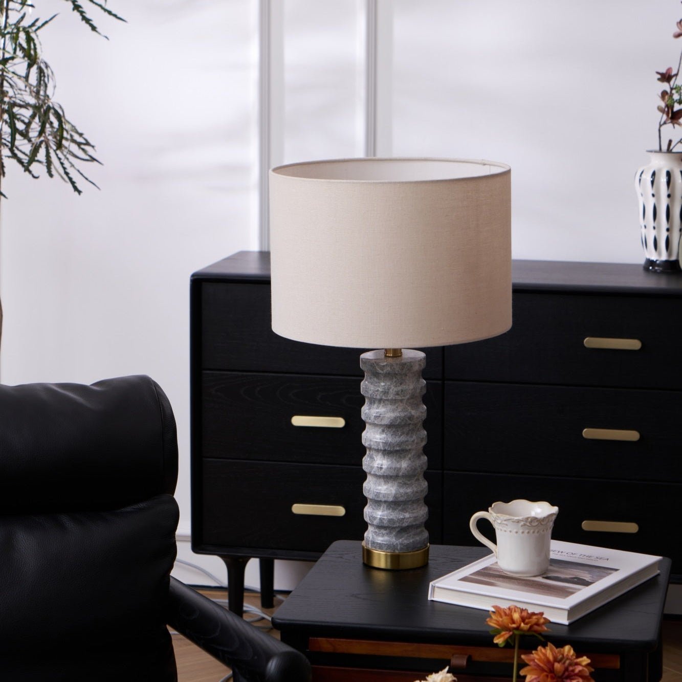 Rivara Modern Stone Table Lamp - Natural Stone Base with Fabric Shade for Bedroom, Living Room, and Office Decor