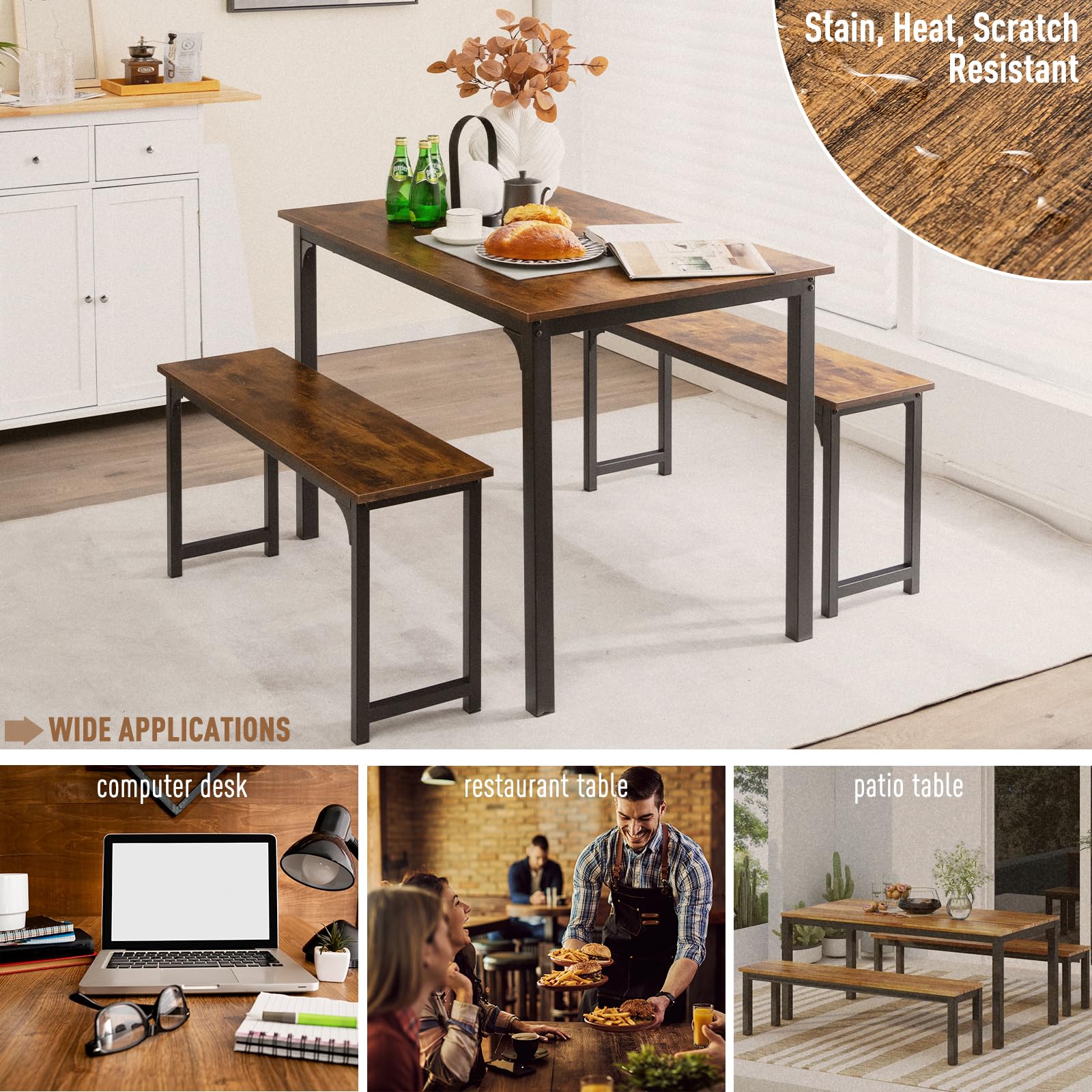 NAFORT 3-Piece Space Saving Dining Table Set for 4 with 2 Benches - 43.5 Inch Compact Kitchen Table with Sturdy Metal Frame & Solid MDF Wood Board - Perfect for Small Apartments, Breakfast Nooks, Restaurants & Outdoor Patio Use