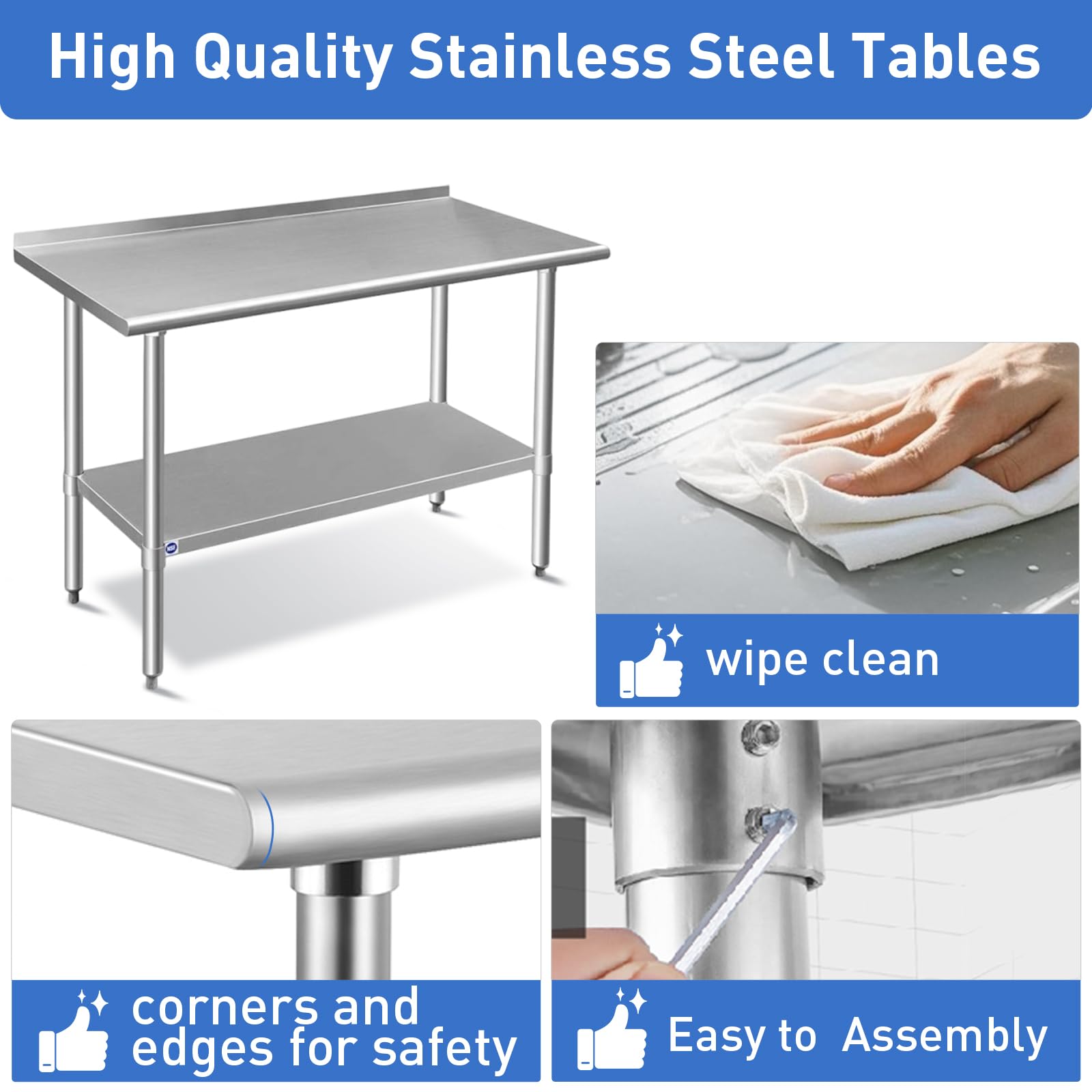 ROCKPOINT 30x60 Inch NSF Certified Stainless Steel Commercial Kitchen Prep Table with Backsplash - Heavy Duty Metal Work Table with Adjustable Under Shelf & Leveling Feet for Restaurant, Home, Hotel - Perfect for Food Prep, Cooking, Baking & Catering