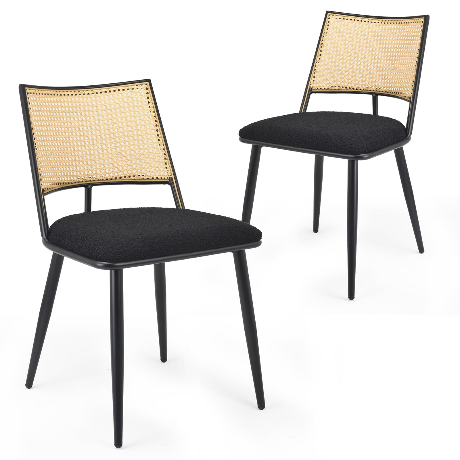 Farini Mid-Century Modern Dining Chairs Set of 2 - Rattan Backrest & Metal Frame Boucle Upholstered Kitchen Chairs for Dining Room, Kitchen, Living Room - Perfect for Small Spaces and Contemporary Home Decor (Black)