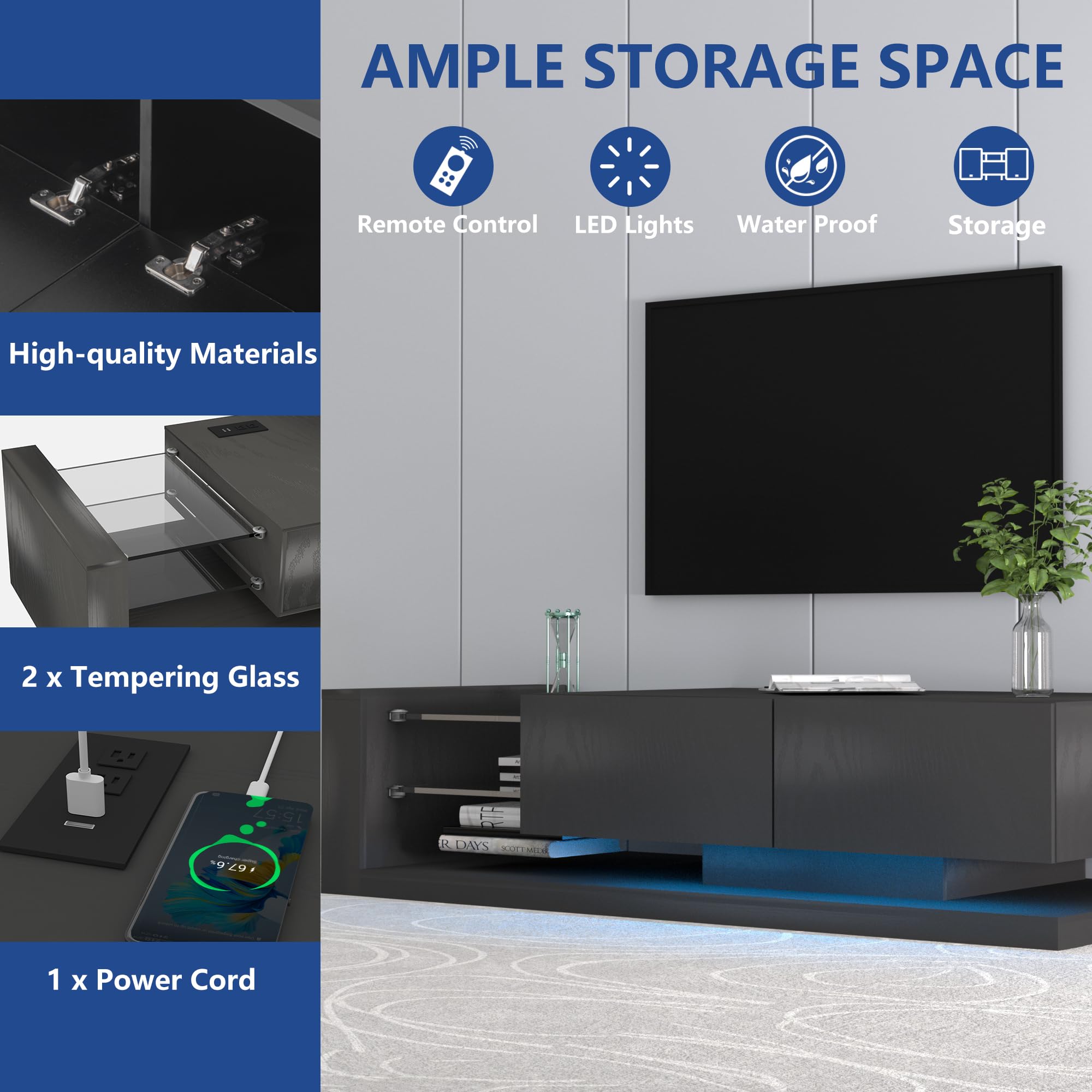 BAMACARED 70 Inch TV Stand for 70-90 Inch TVs, Modern LED TV Stand with Storage & Lights - Entertainment Center for Living Room, Bedroom & Home Theater