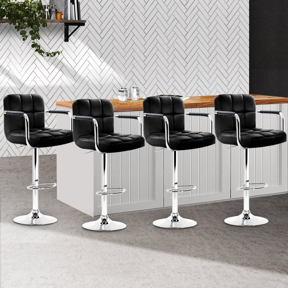 4 Bar Stools with Leather Seat, Gas Lift & Armrest - Black - Perfect for Kitchen Island, Bar Counter & Dining Room