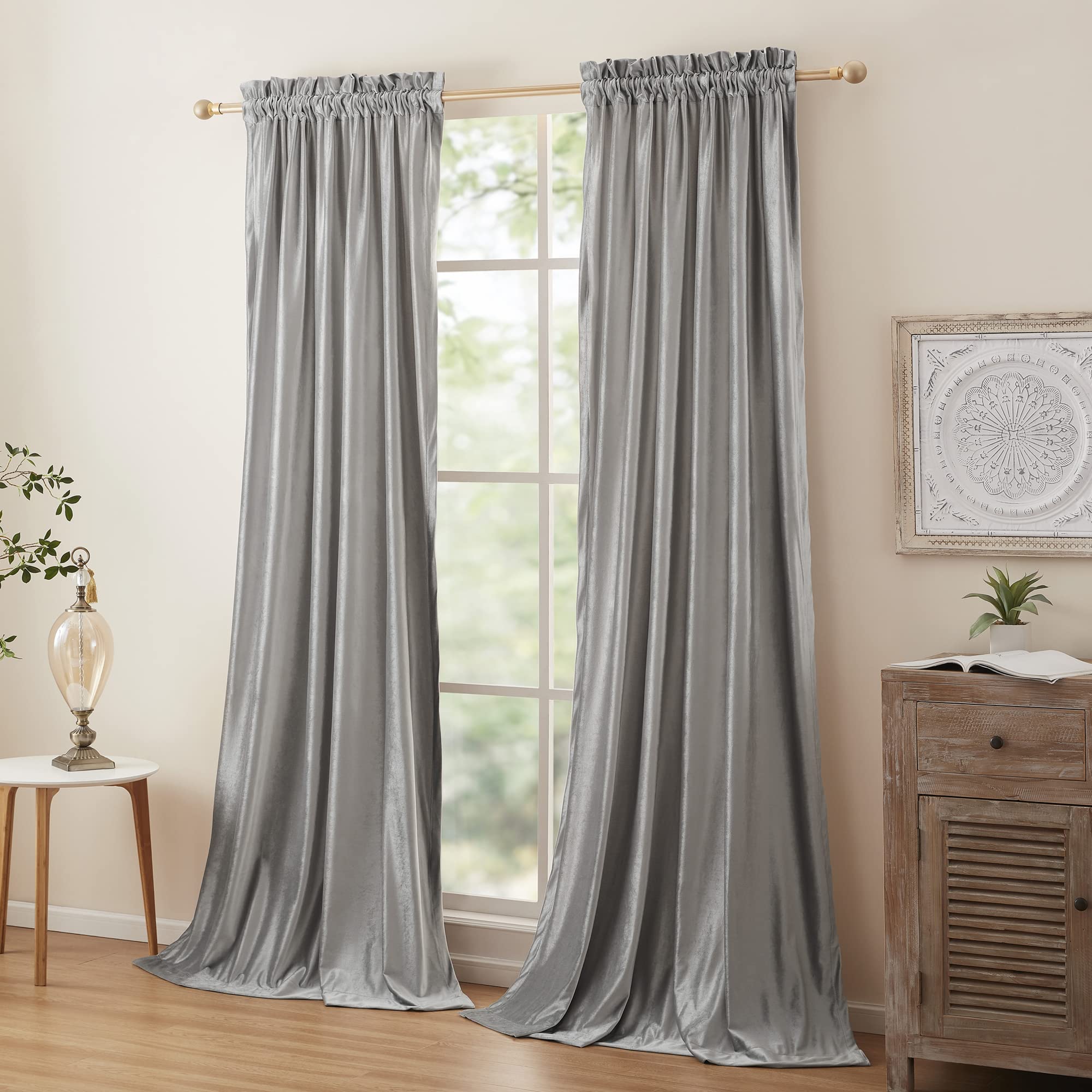 PRIMROSE 84 Inch Silver Velvet Blackout Curtains - Set of 2 Panels with Rod Pocket for Living Room & Bedroom | Thermal Insulated Window Drapes for Light Blocking, Noise Reduction & Home Decor | Perfect for Night Shift Workers, Light Sleepers & Home Theater Setup