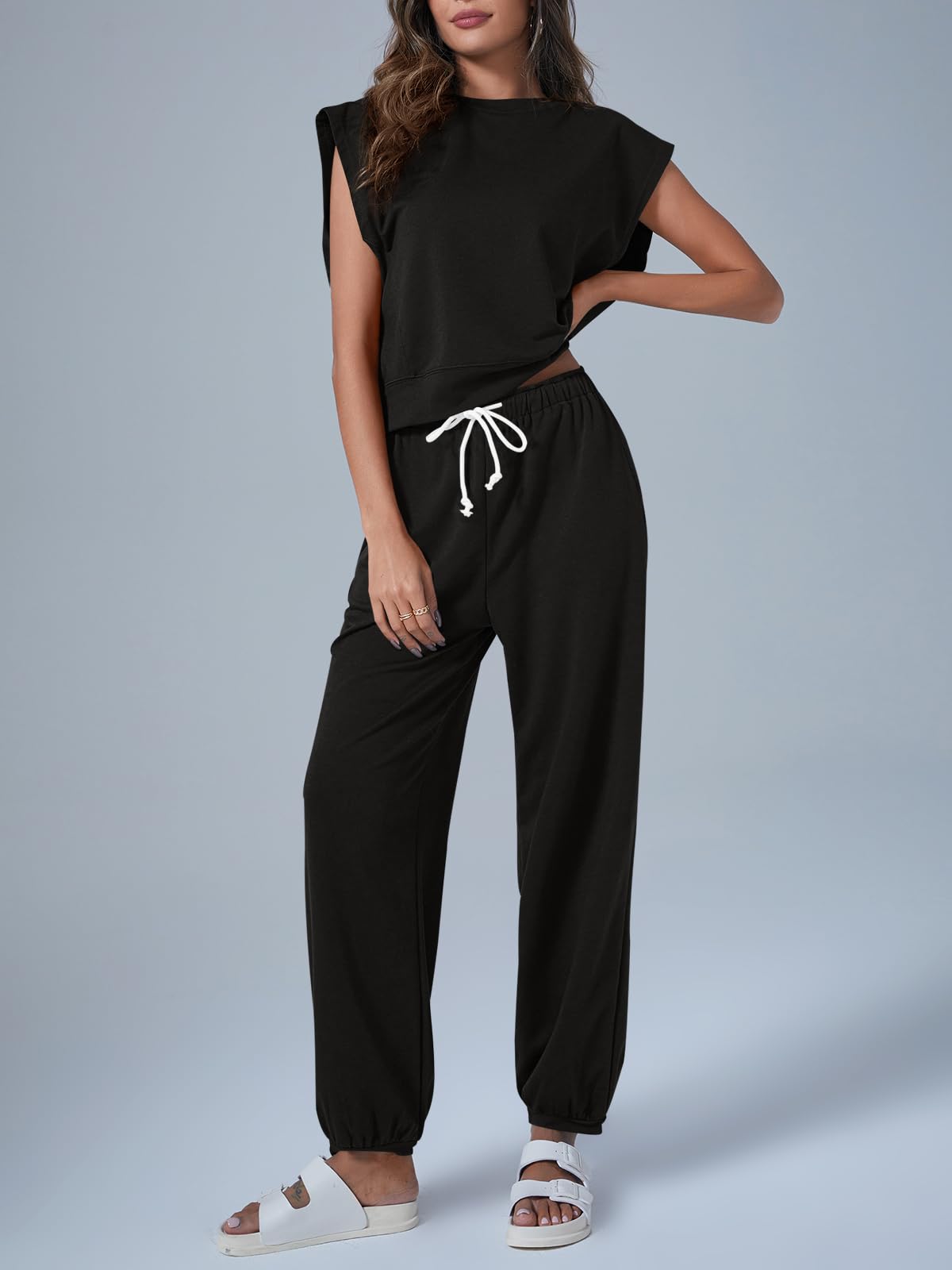 Tankaneo Women's Summer 2 Piece Outfit - Casual Lounge Set with Oversized Sleeveless Top & Sweatpants with Pockets - Comfy Pajama Set for Home, Travel & Relaxation