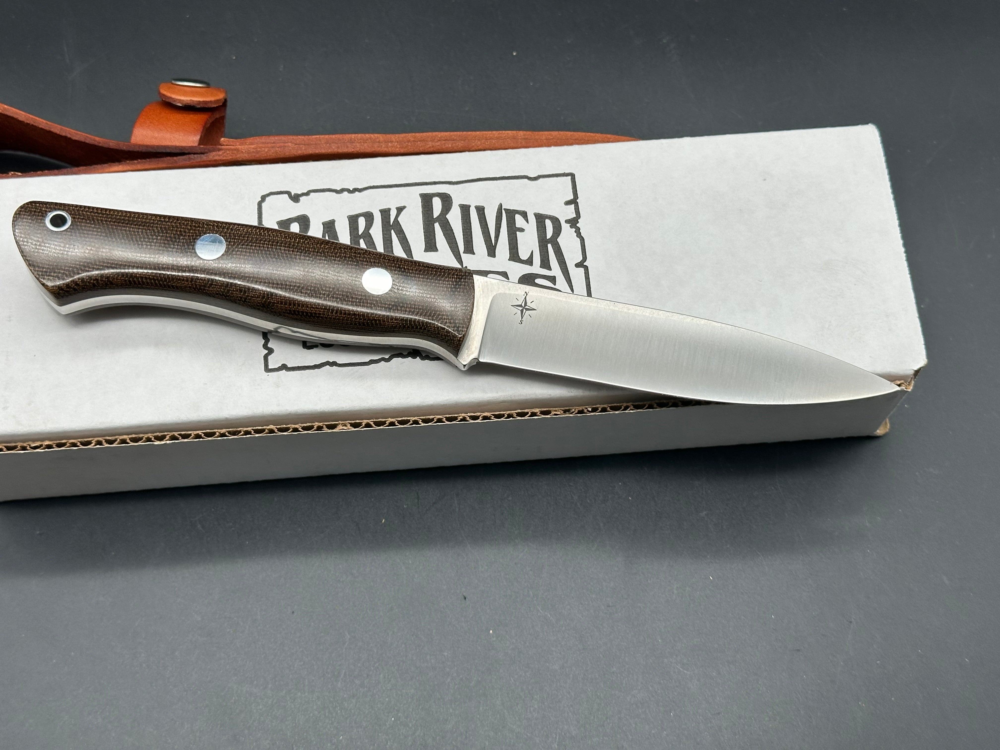 Bark River Aurora Knife with Green Canvas Micarta Scales & A2 Tool Steel Blade - Hunting, Camping, Outdoor Survival Gear with Brown Leather Sheath