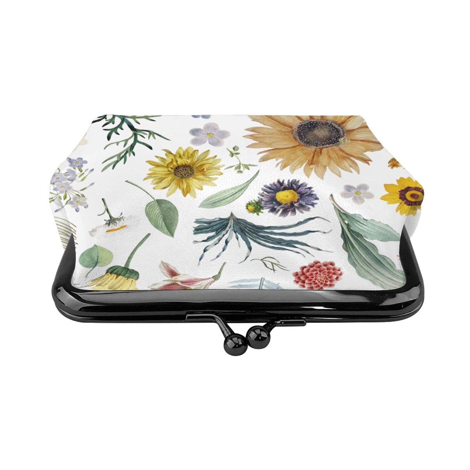 Stylish PU Leather Buckle Coin Purse with Chrysanthemum & Sunflower Floral Design - Girls' Kiss-Lock Change Wallet for Everyday Use, Travel & Gift Giving